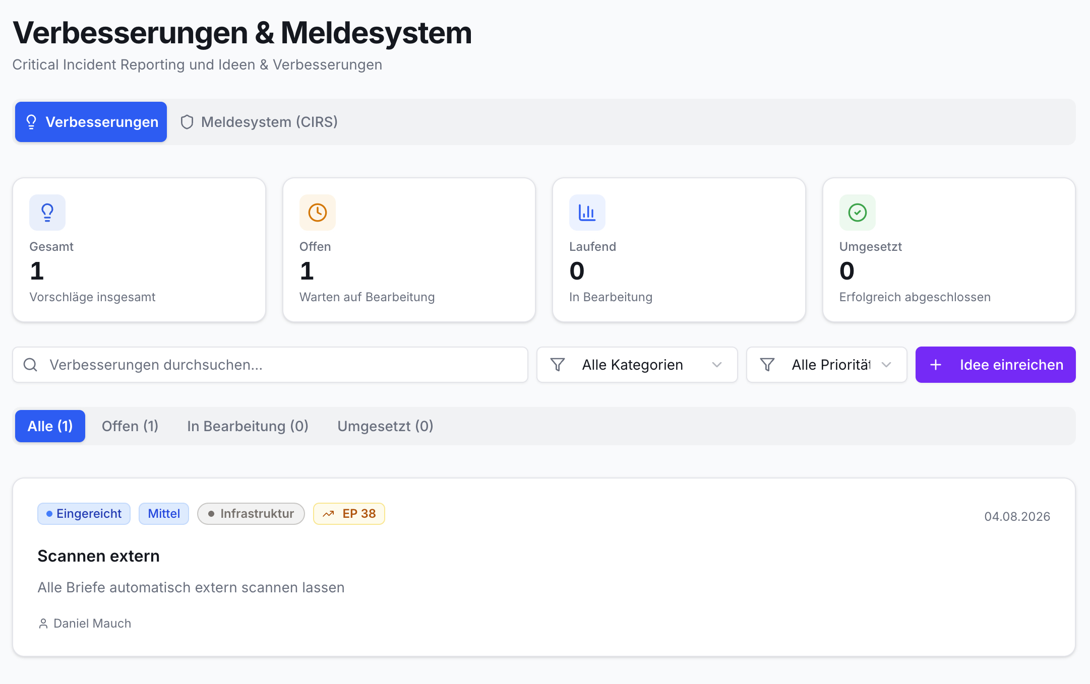 Übersicht Verbesserungen: Vier Statuskarten (Gesamt 1, Offen 1). Suchfeld, Filter, Button Idee einreichen. Eine Idee ist gelistet.