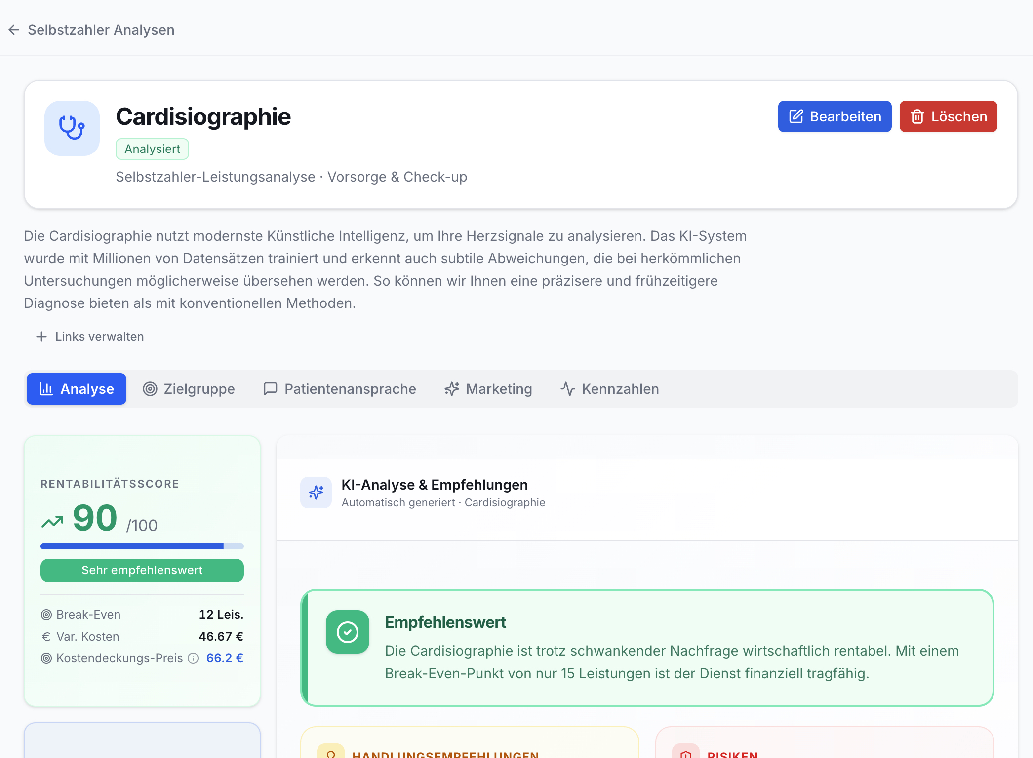Screenshot der Cardisiographie Analyse. Rentabilitätsscore 90/100, Break-Even 12 Leistungen, Kosten und KI-Empfehlung sind sichtbar.