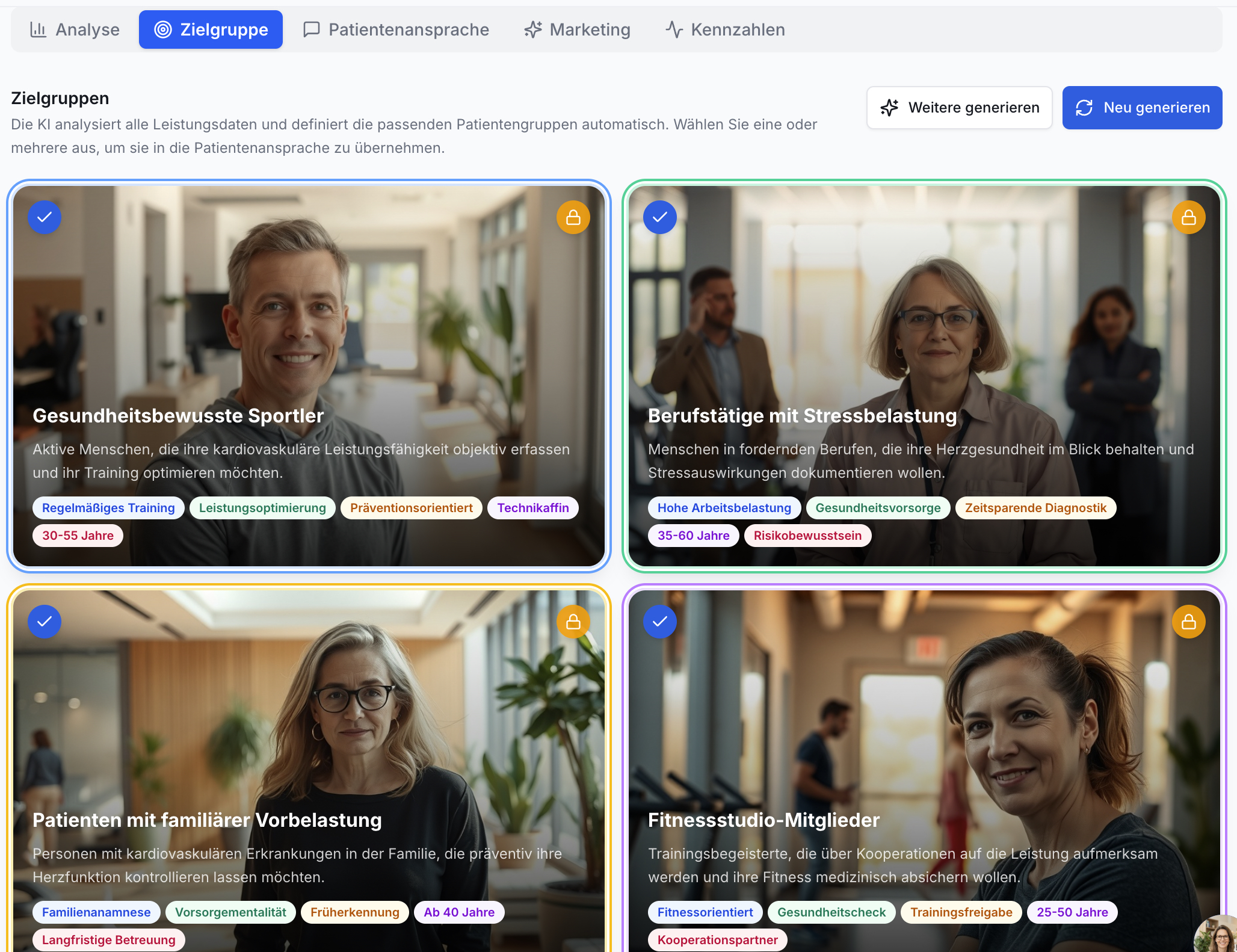 Praxis-App: Zielgruppen-Tab. Vier Patientenkarten mit Fotos, Titeln, Beschreibungen und Tags. Zwei Generieren-Buttons.