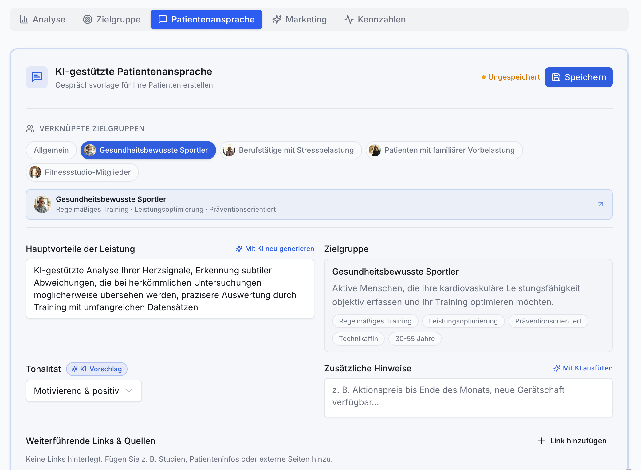Screenshot der Patientenansprache-Funktion. KI-gestützte Vorlagenerstellung, Zielgruppen-Auswahl (z.B. Sportler), Leistungsbeschreibung und Tonalität sind sichtbar.