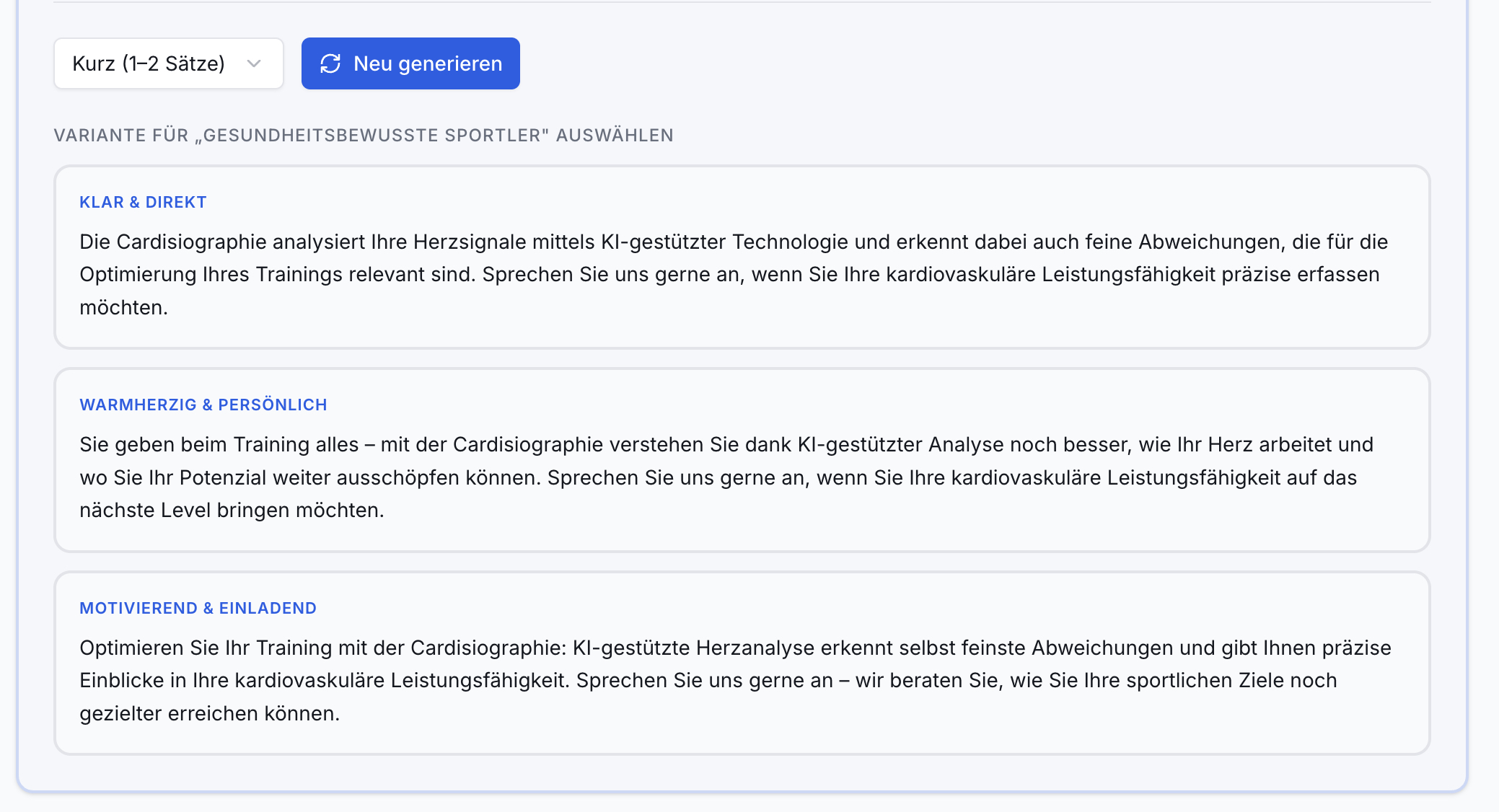 Patientenansprache-Funktion: Dropdown, 'Neu generieren' Button. Drei Boxen zeigen KI-generierte Nachrichten für Sportler.