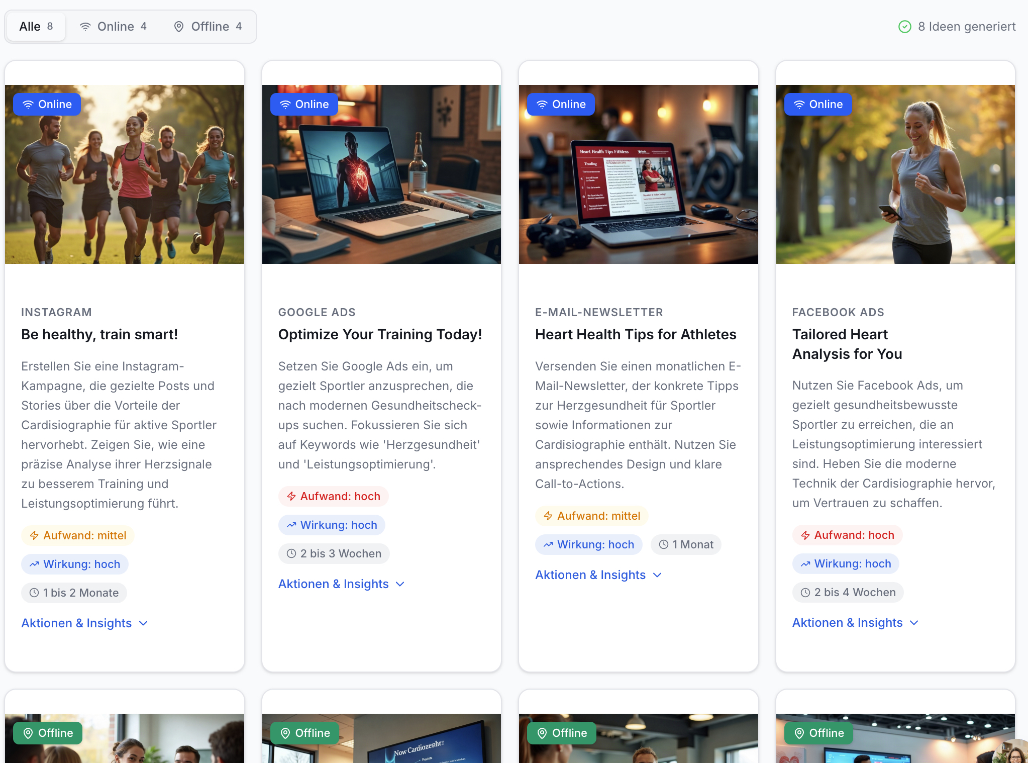 Marketing-Übersicht: 8 Kampagnen, 4 online. Karten für Instagram, Google, E-Mail, Facebook. Zeigt Bild, Titel, Aufwand, Wirkung, Dauer.