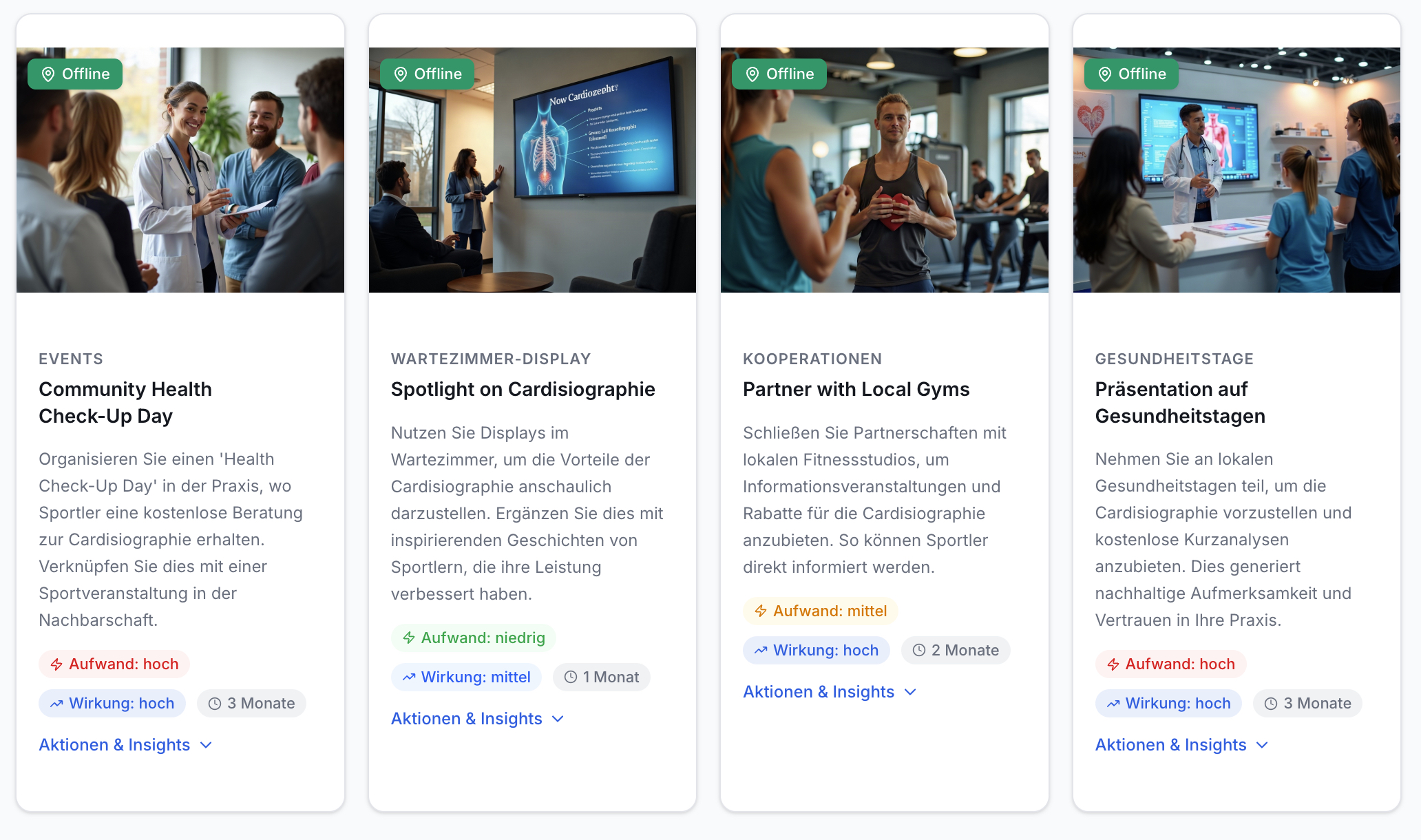 Vier Marketing-Karten in einem Gitterlayout. Jede Karte zeigt ein Bild, Titel, Beschreibung, Aufwand, Wirkung, Dauer und Offline-Status-Badge.