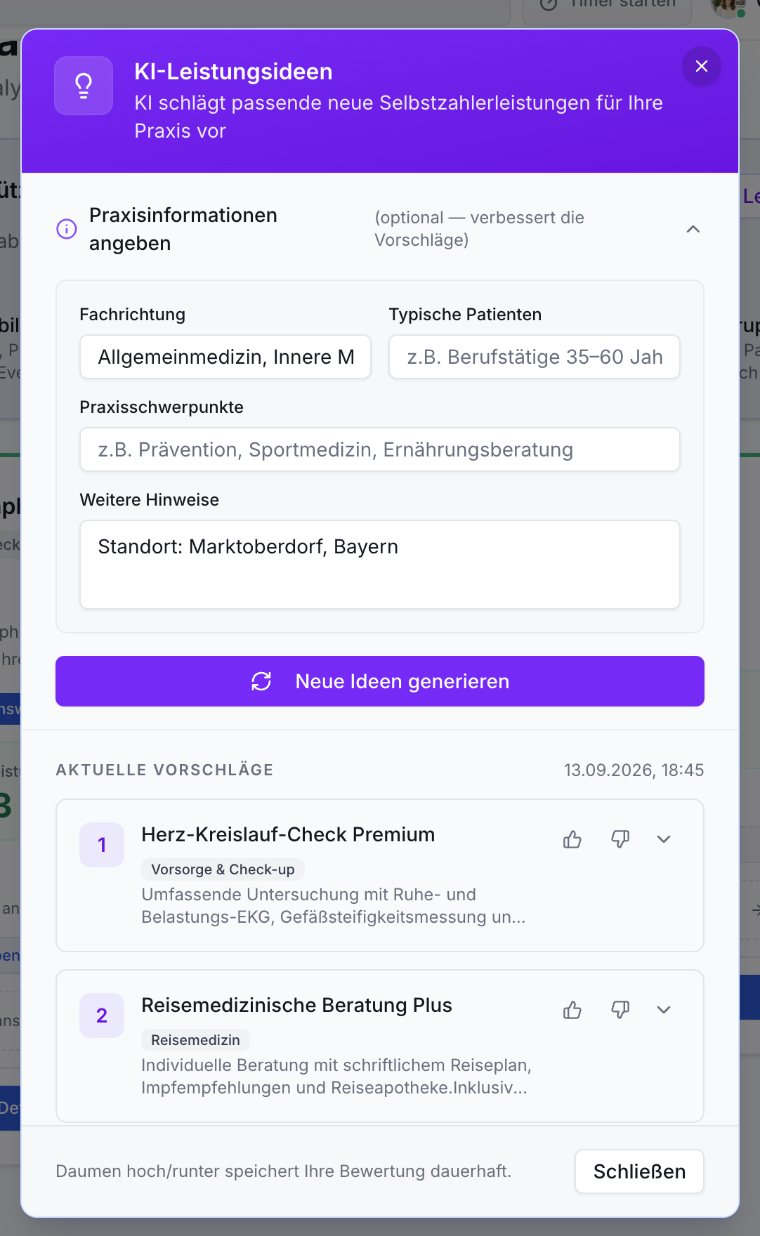 Modales Fenster KI-Leistungsideen. Felder für Fachrichtung, Patienten, Schwerpunkte und Standort der Praxis. Button Neue Ideen generieren. Zwei Vorschläge: Herz-Kreislauf-Check Premium und Reisemedizinische Beratung Plus.