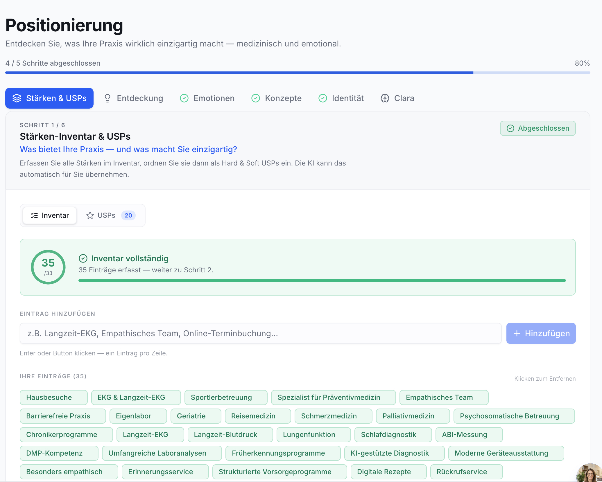 Funktion Positionierung: Stärken-Inventar mit 35 Einträgen wie Hausbesuche, EKG, Empathisches Team. Eingabefeld und 80% Fortschrittsanzeige.