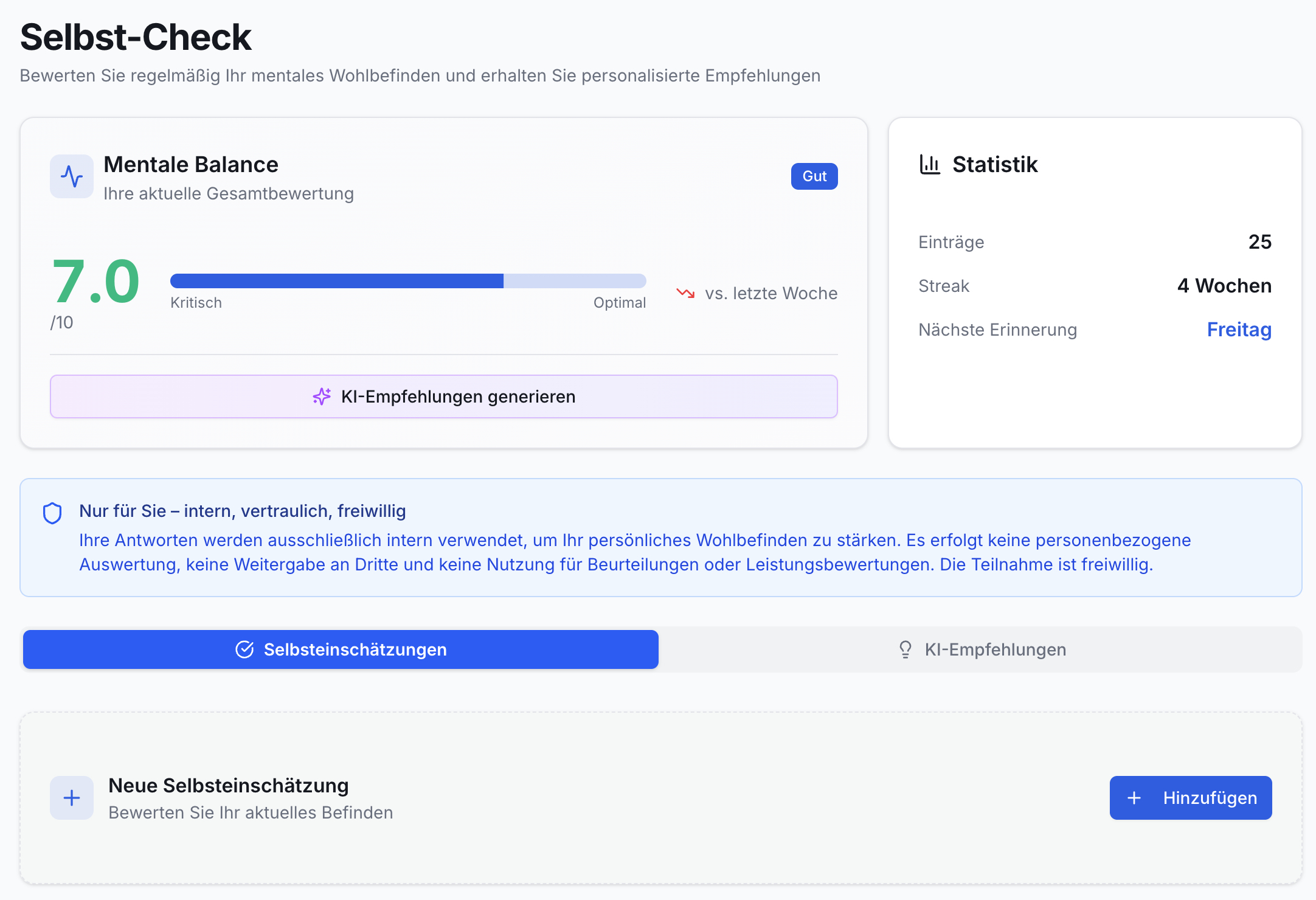 Screenshot der Selbst-Check-Funktion. Score 7.0/10 Mentale Balance, Fortschrittsanzeige, Statistik mit 25 Einträgen, 4 Wochen Streak. Button KI-Empfehlungen generieren und Selbsteinschätzung hinzufügen.