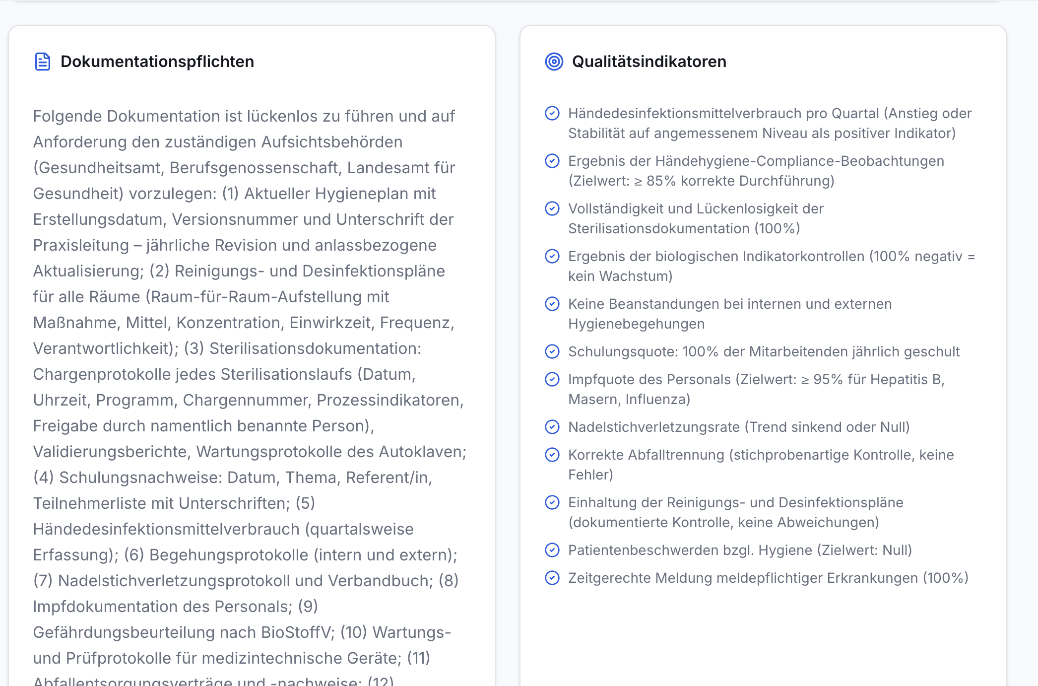 Zwei Spalten mit Überschriften Dokumentationspflichten und Qualitätsindikatoren, darunter detaillierte Listenpunkte mit Anforderungen und Zielwerten zur Praxishygiene.