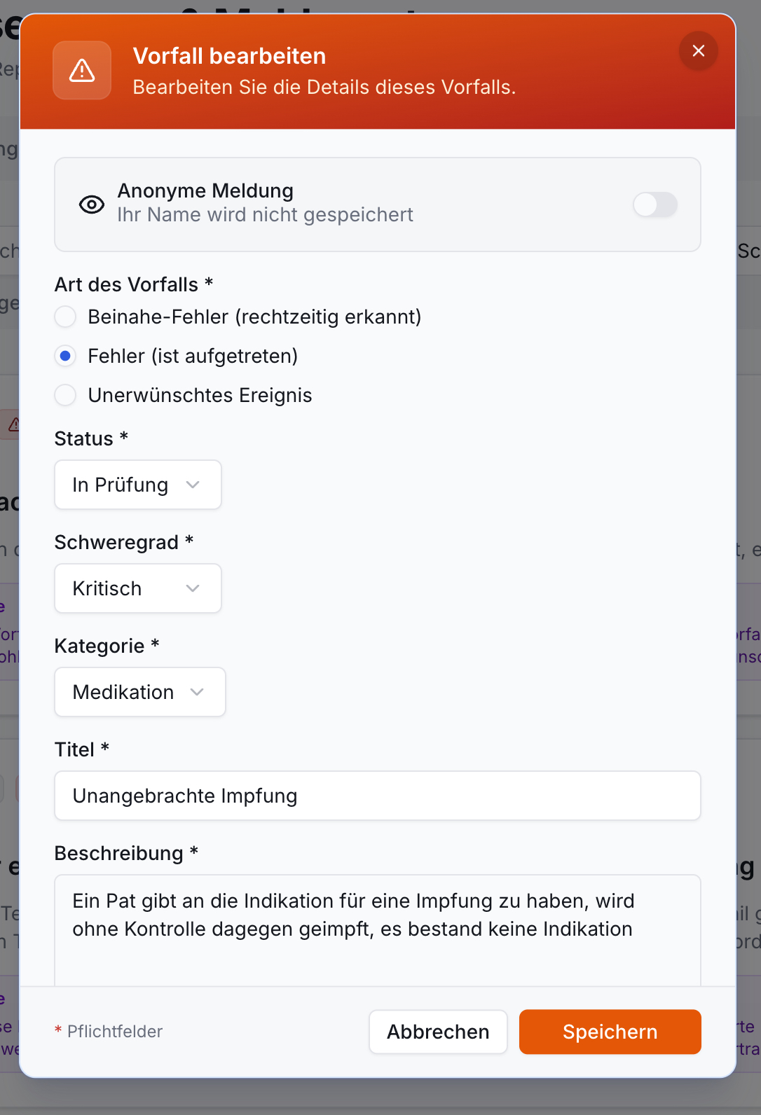 CIRS-Vorfalldialog: Fehler bei Medikation als kritisch markiert. Felder: Art, Status, Schweregrad, Kategorie, Titel, Beschreibung. Speichern-Button.