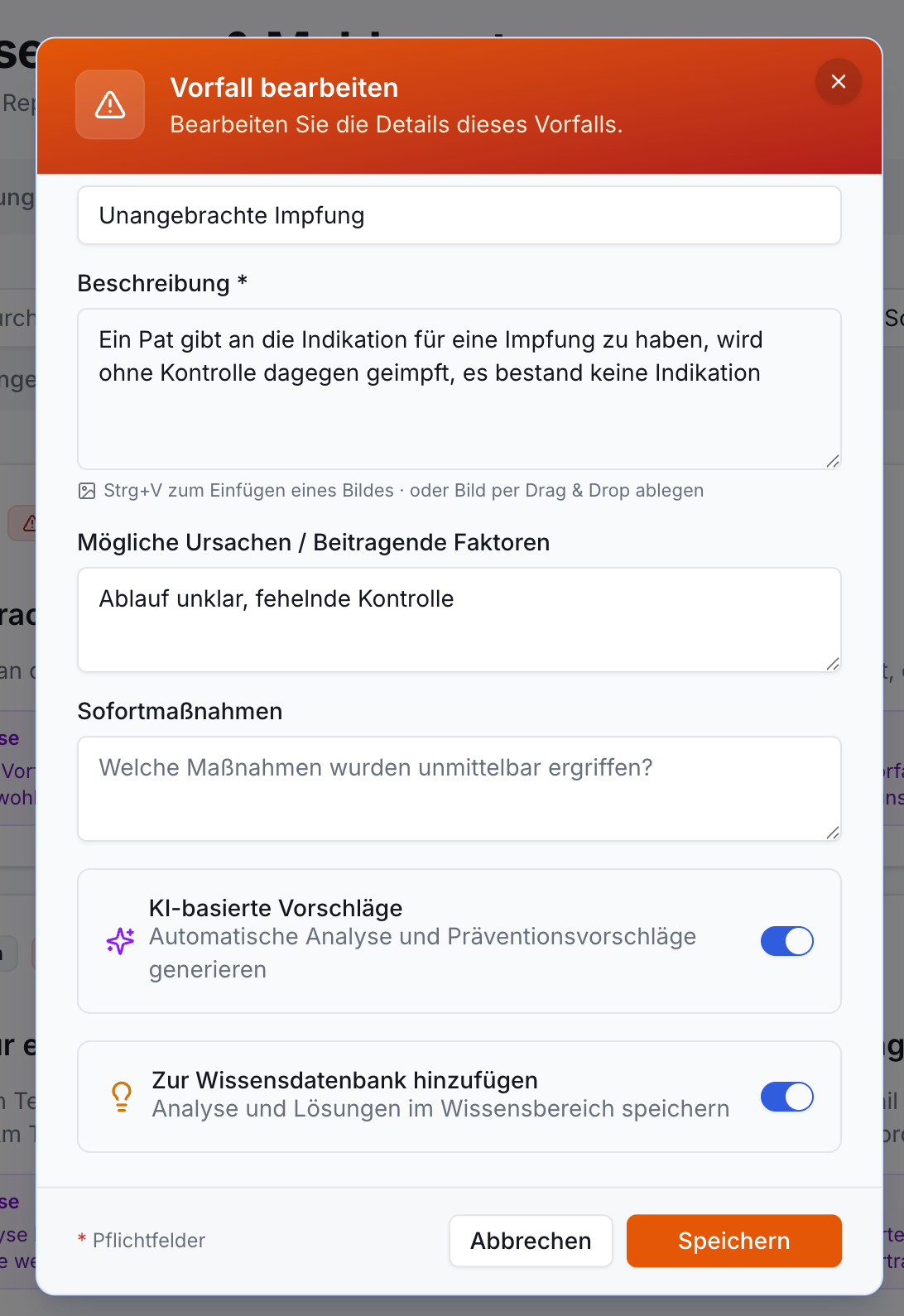 Dialog CIRS Vorfallbearbeitung. Titel Unangebrachte Impfung. Felder für Details. KI-Vorschläge und Wissensdatenbank aktiviert. Abbrechen, Speichern.