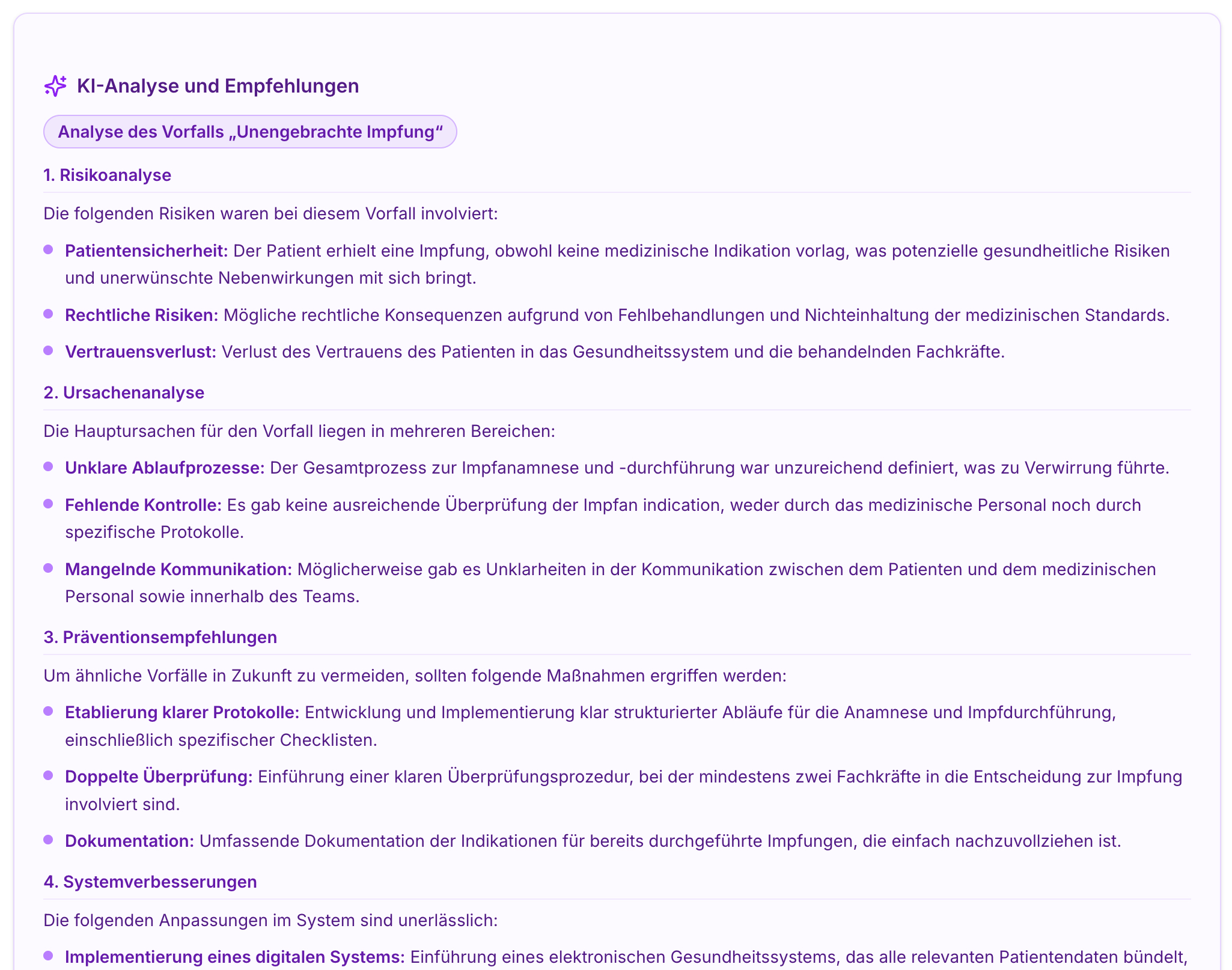 Screenshot zeigt KI-Analyse zu medizinischem Vorfall mit Risiko-, Ursachenanalyse, Präventionsempfehlungen und Systemverbesserungen in Textform.