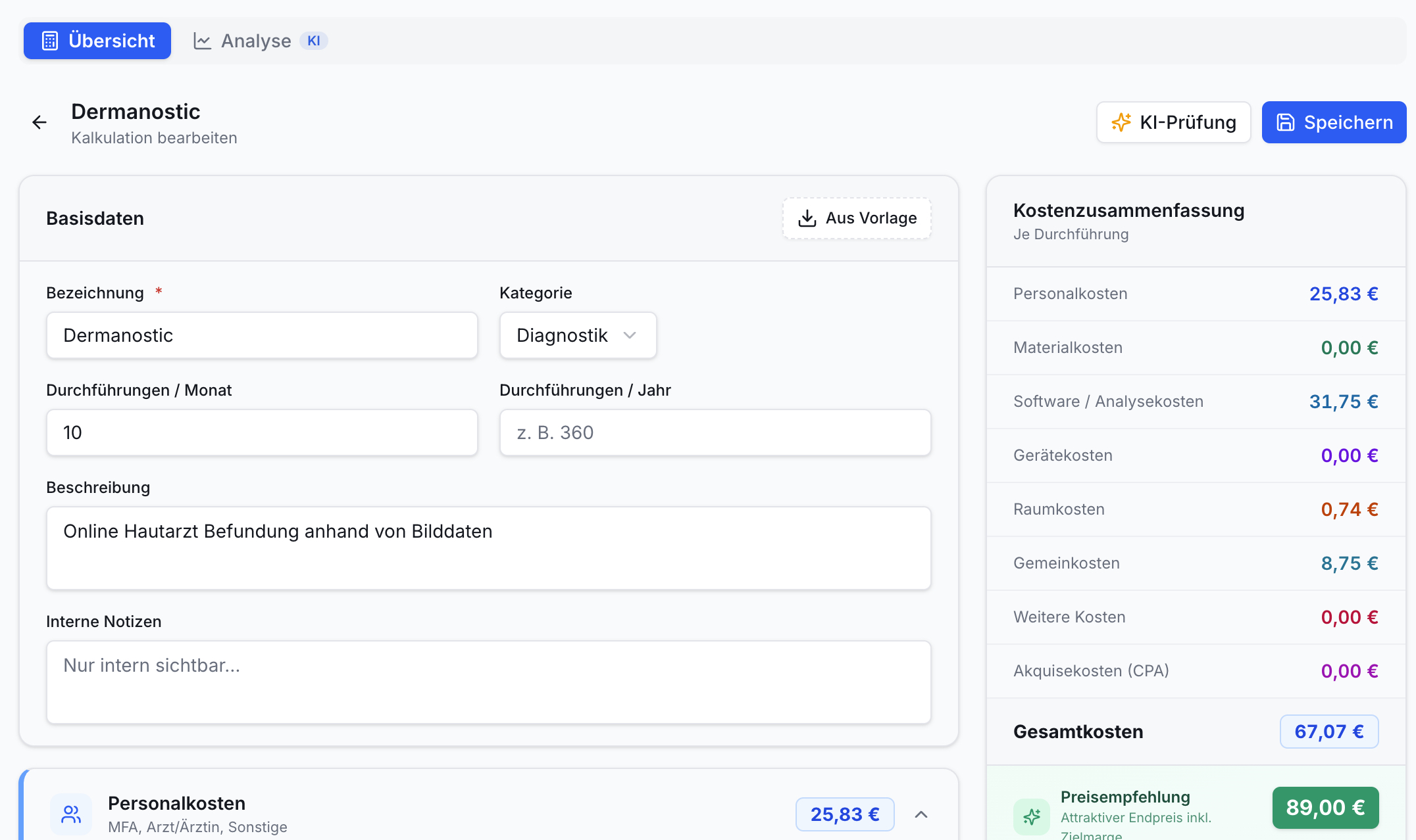 Screenshot der Leistungskosten-Kalkulation: Eingabefelder links, Kostenaufstellung rechts. Gesamtkosten 67,07 €, Preisempfehlung 89,00 €.