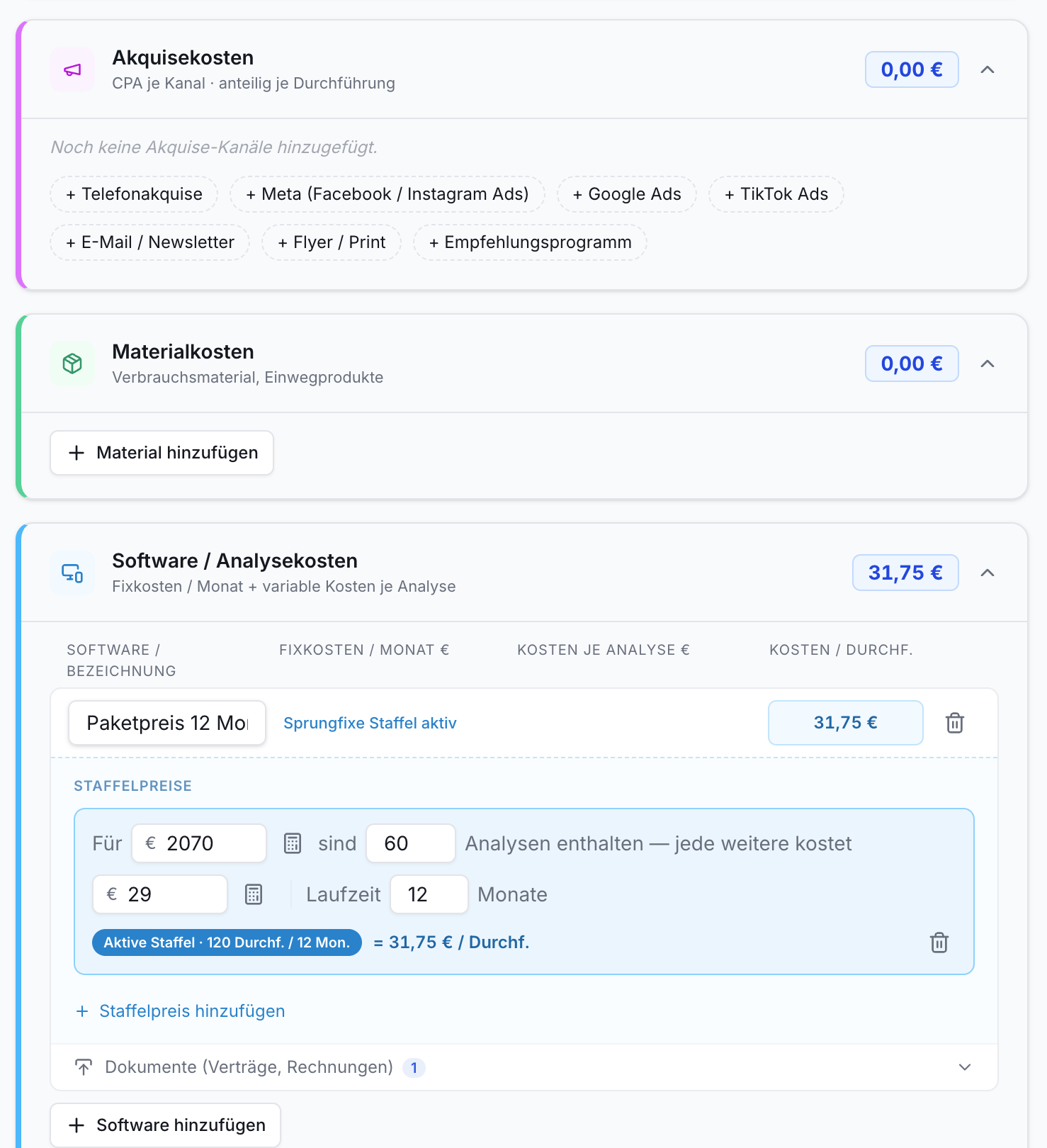 Übersicht Leistungskosten: Akquise, Material (je 0,00 €), Software (31,75 €). Software-Details zeigen Staffelpreise, Laufzeit und aktive Staffel.