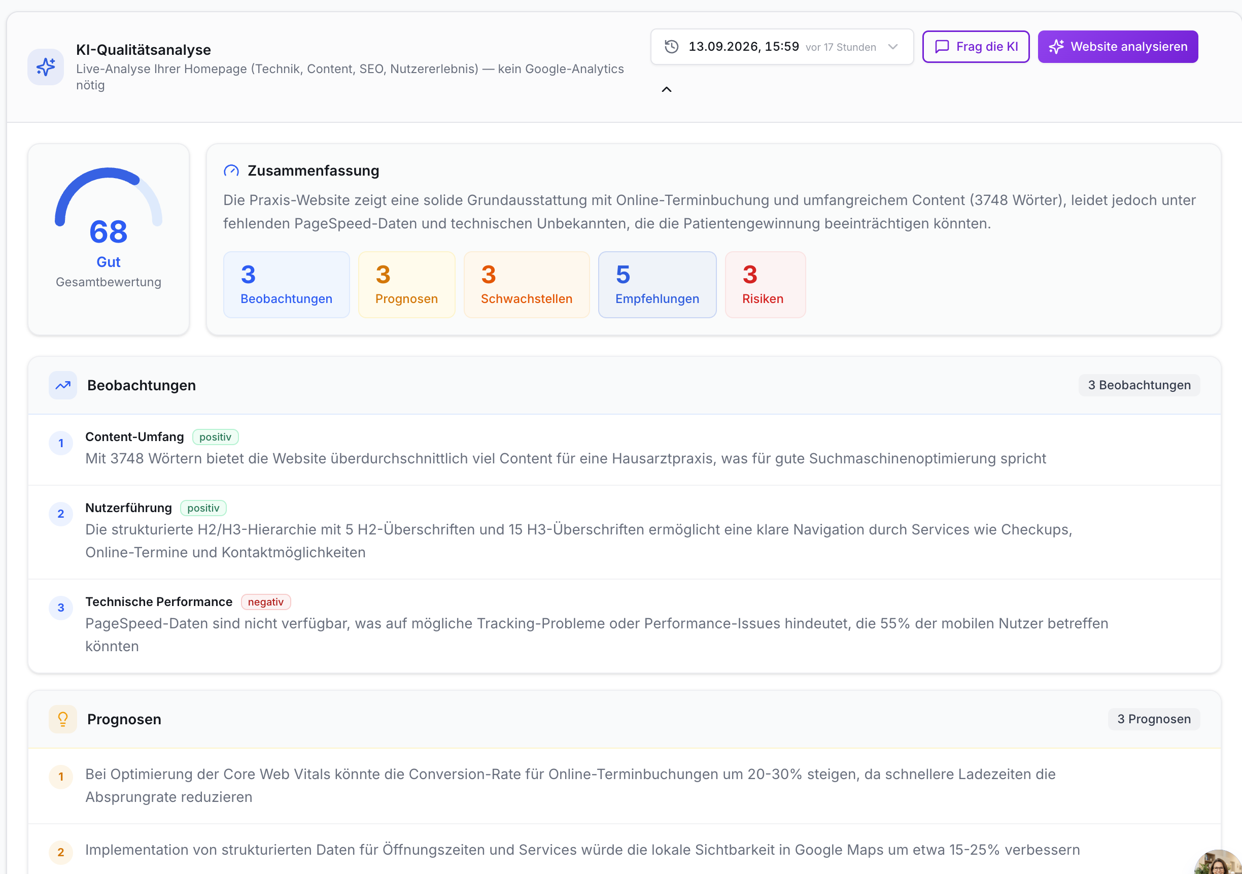KI-Analyse-Dashboard: Kreisdiagramm 68 Gut. Fünf Boxen mit Zahlen. Listen mit Details.