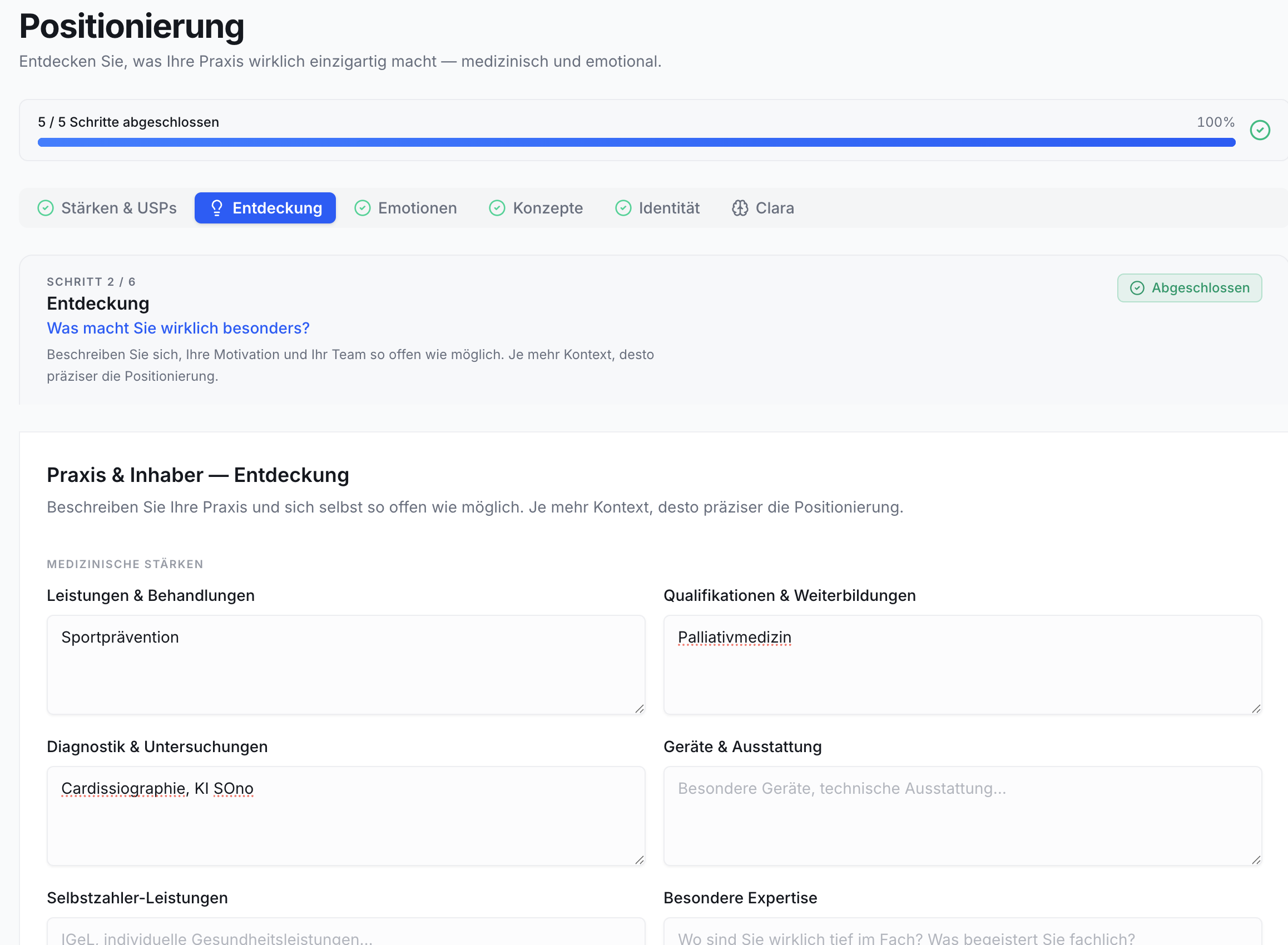 Effizienz Praxis: Entdeckung-Tab. Formularfelder für med. Stärken, Qualifikationen, Leistungen, Geräte, Expertise mit Beispielen. 100% Fortschrittsbalken.