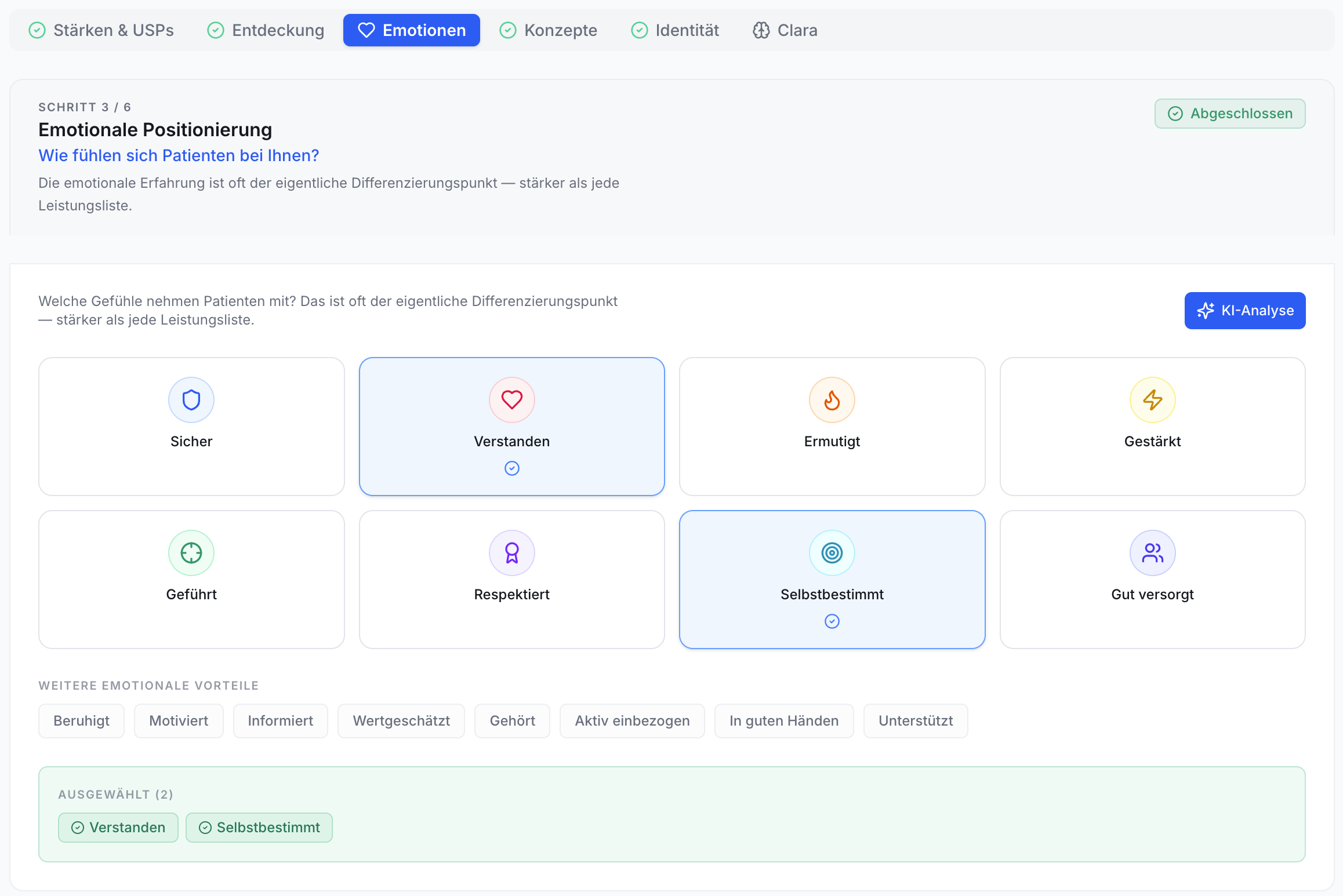 Effizienz Praxis App: Emotionen-Ansicht. 8 Karten mit Patientengefühlen, Verstanden & Selbstbestimmt ausgewählt. KI-Analyse Button.