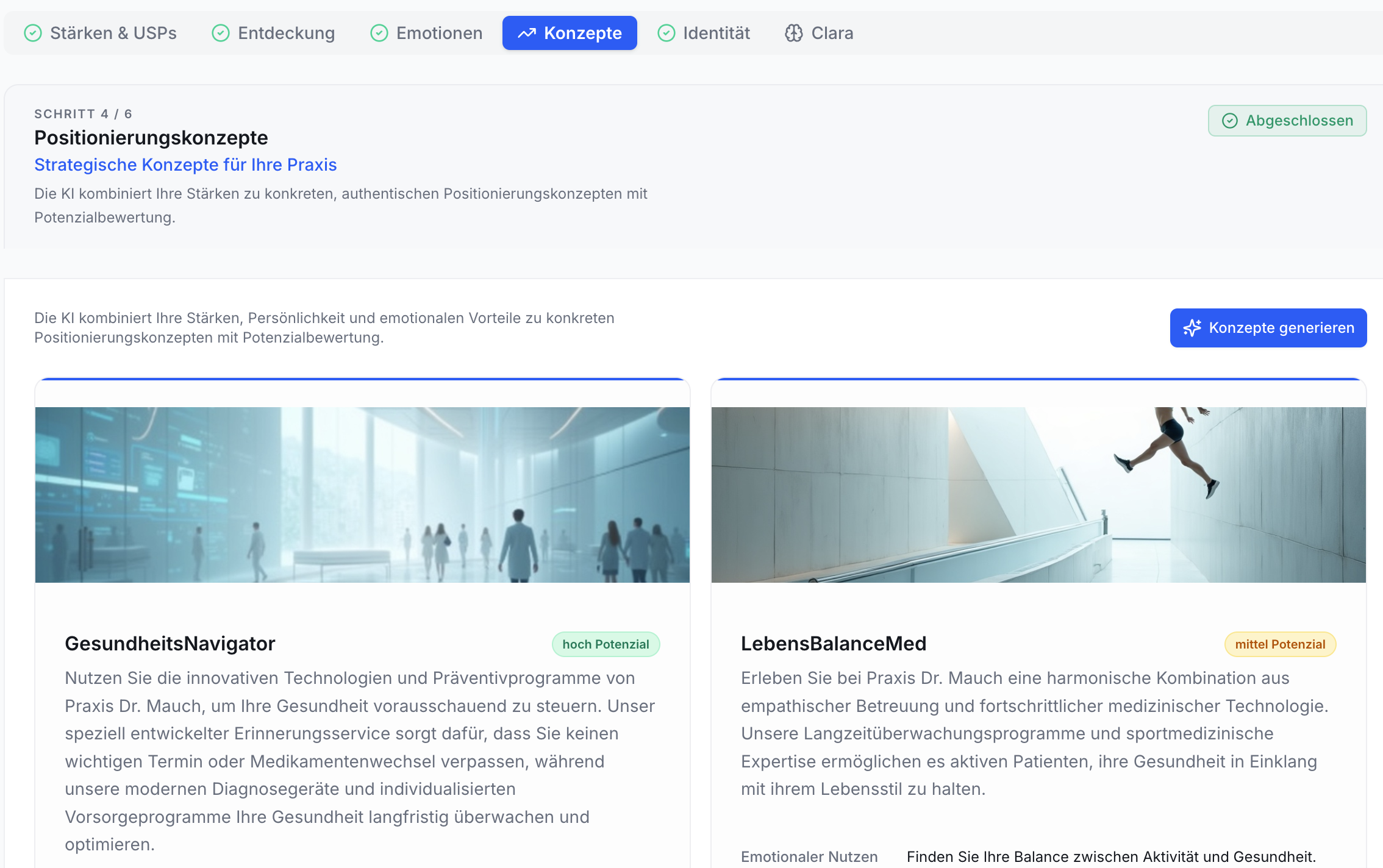 Ansicht Konzepte: Schritt 4/6 Positionierungskonzepte. Button Konzepte generieren. Zwei Karten: GesundheitsNavigator (hoch), LebensBalanceMed (mittel).