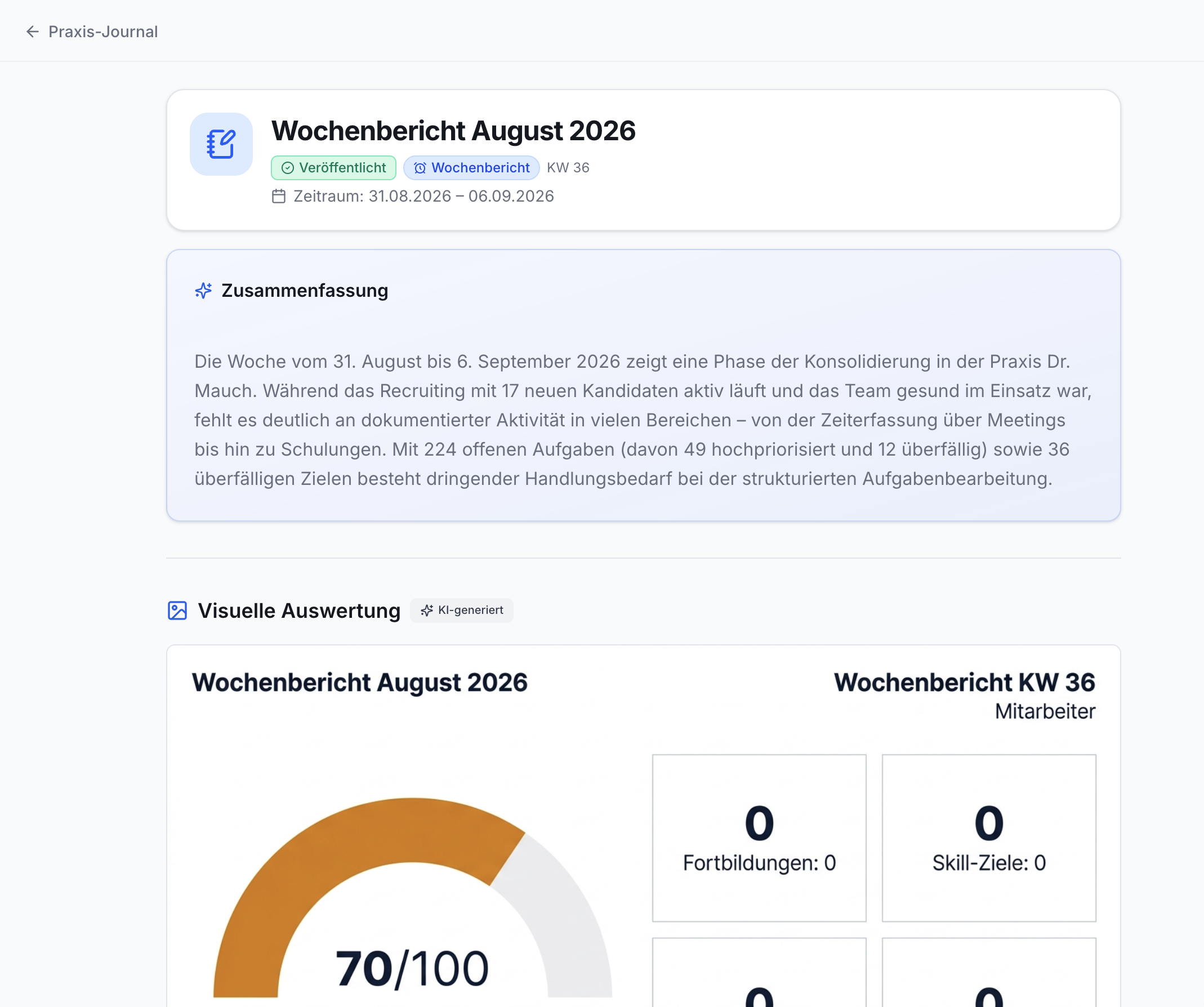 Praxis-Journal Wochenbericht August 2026 mit Zusammenfassung, Fortschrittsanzeige 70/100, 0 Fortbildungen und 0 Skill-Zielen.