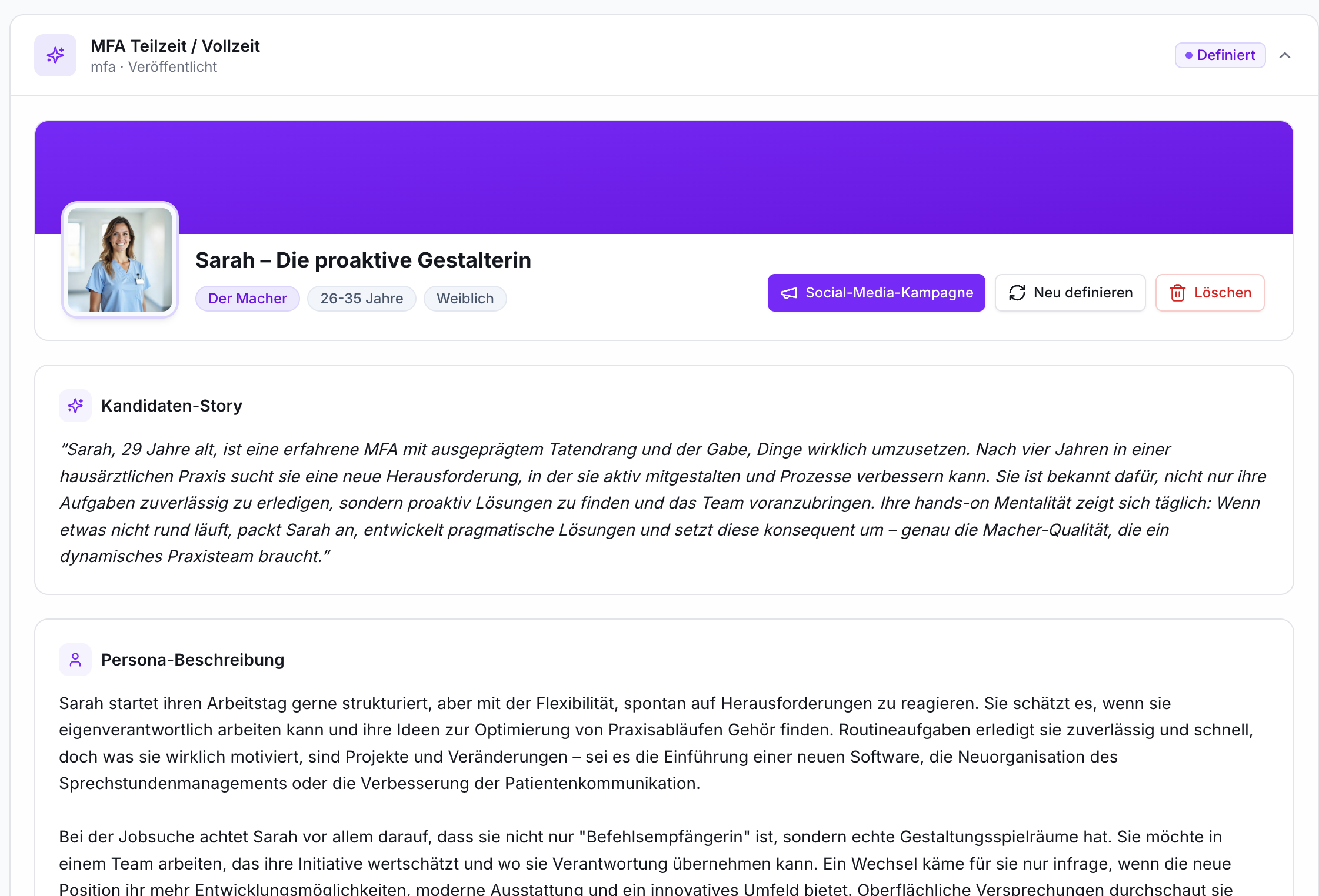 Profil Wunschkandidatin MFA Sarah. Bild, Name, Tags. 3 Buttons (Kampagne, Löschen). Texte: Story, Persona.