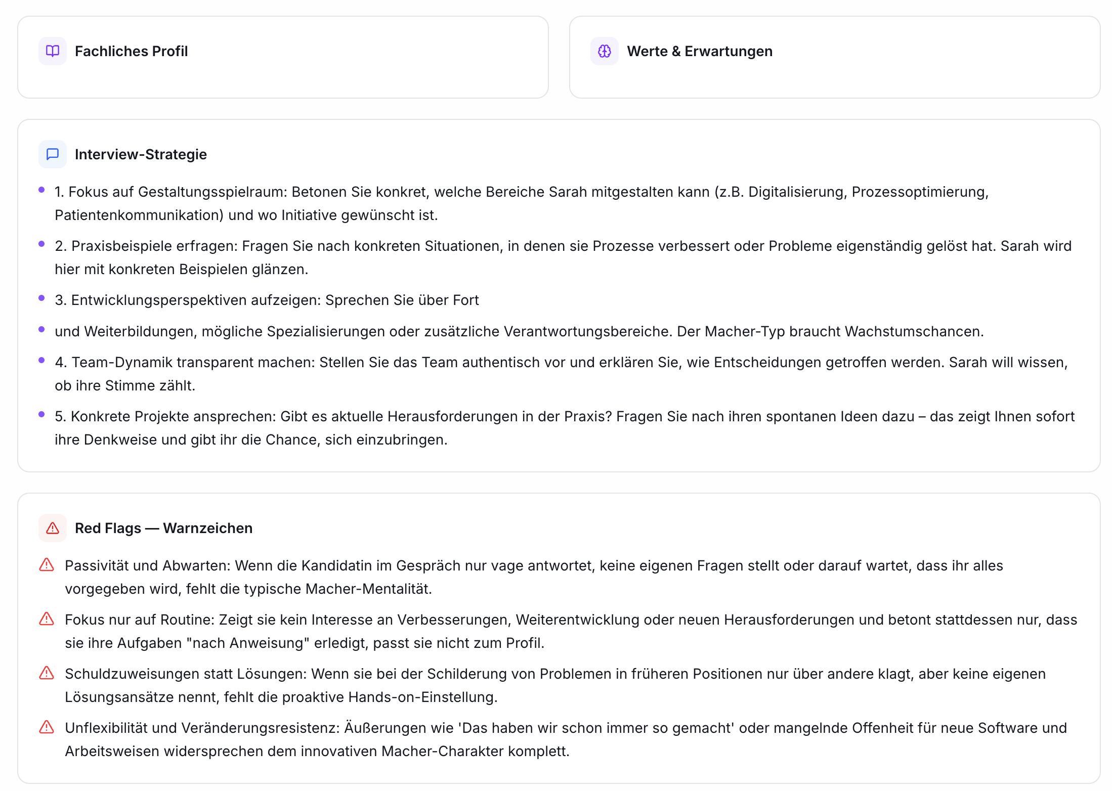 Wunschkandidat-Ansicht mit Tabs Fachliches Profil, Werte & Erwartungen. Zwei Listen: 5 Interview-Strategien und 4 Red Flags mit Warnsymbolen.