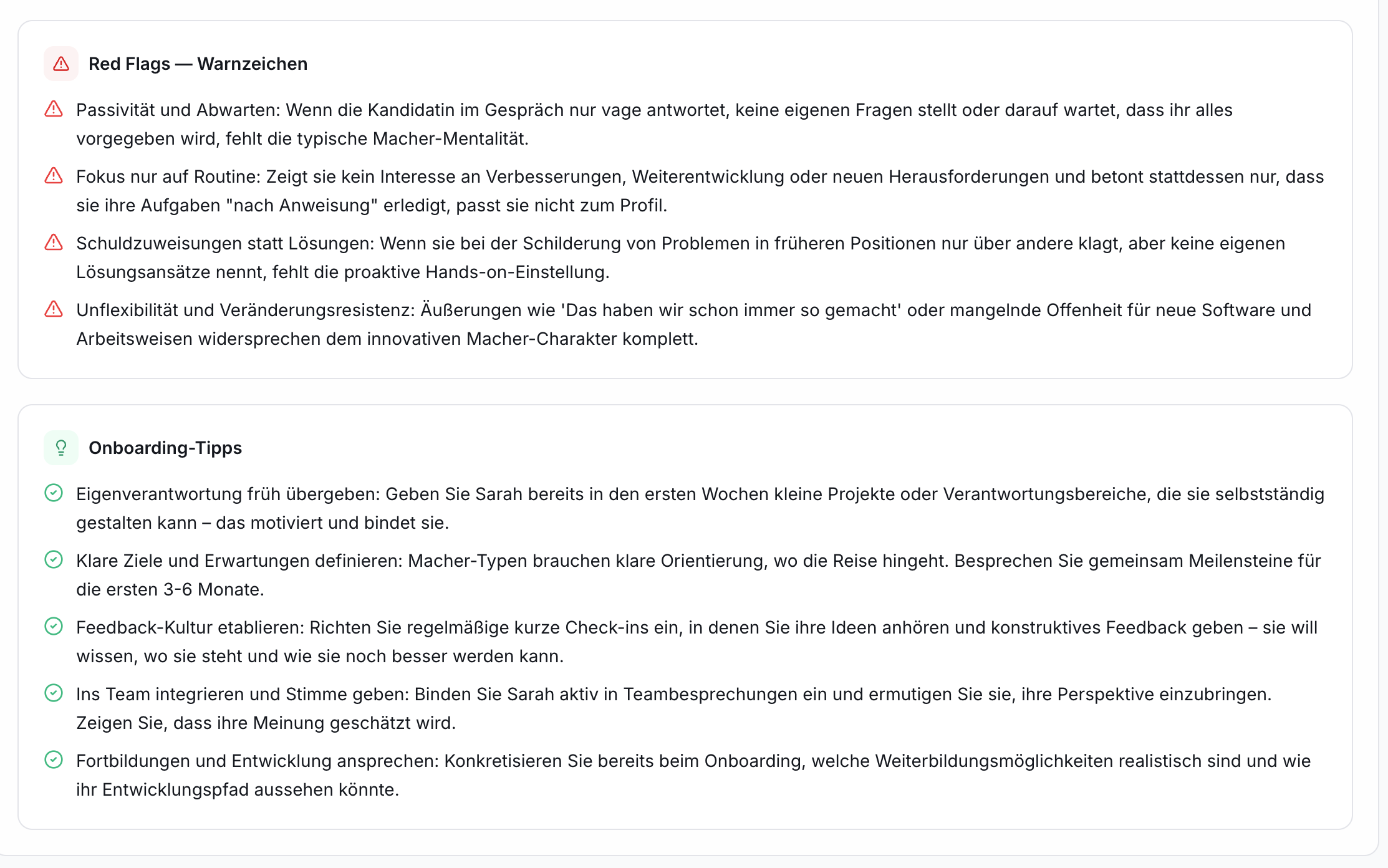 Screenshot zeigt zwei Informationsboxen. Oben Warnzeichen (4 Punkte mit Symbol). Unten Onboarding-Tipps (5 Punkte mit Häkchen).