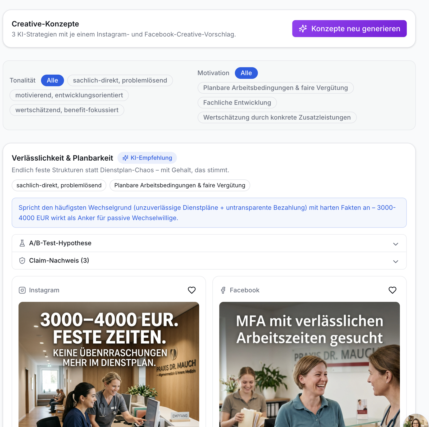 App-Screenshot: KI-gestützte Anzeigenkonzepte für Instagram und Facebook. Oben Filter, unten zwei Ad-Vorschläge mit Text und Bildern.