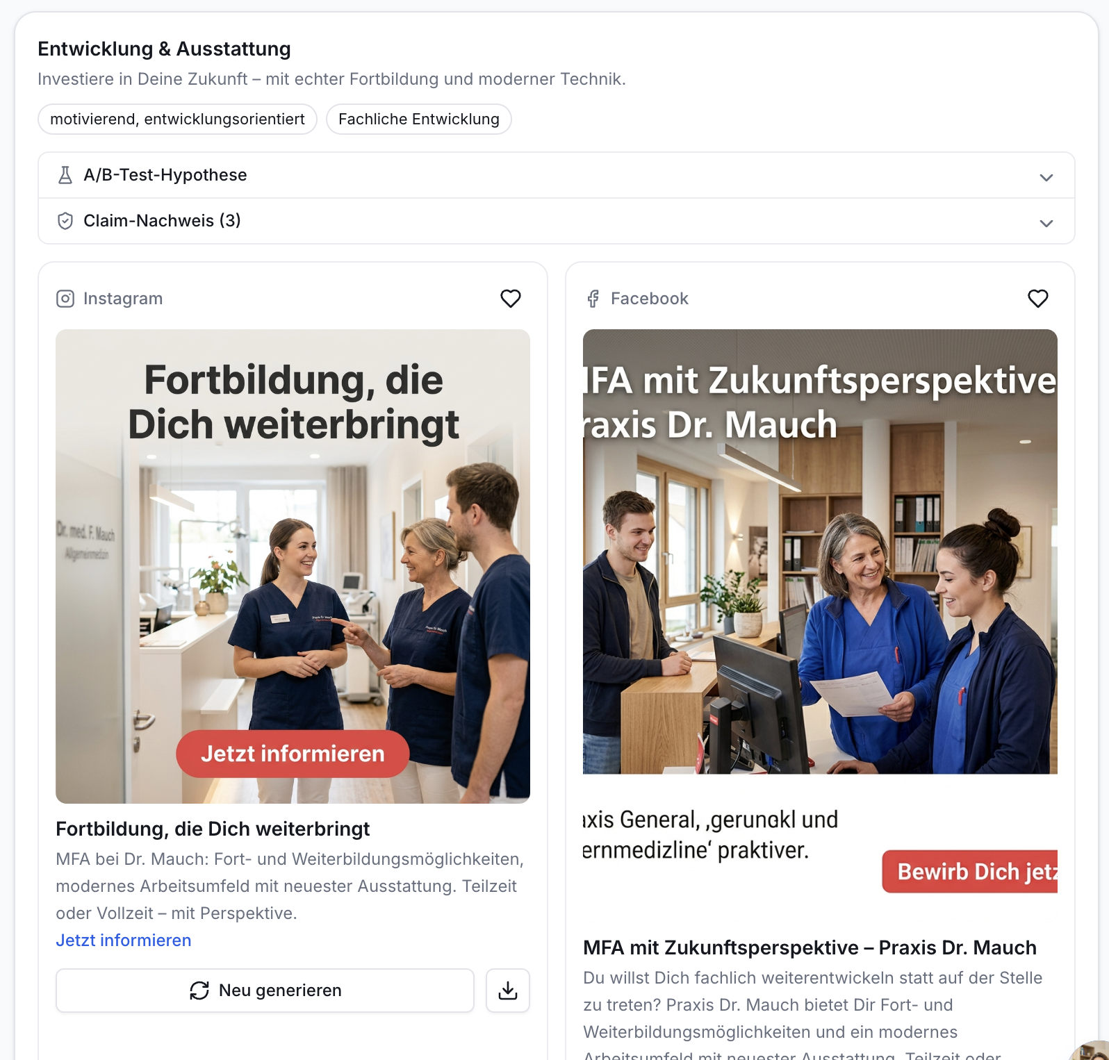 App-Bildschirm mit Kampagnen-Editor für Mitarbeiter-Fortbildung. Zwei Vorschaukarten für Instagram und Facebook, inklusive Bildern, Überschriften und Buttons.