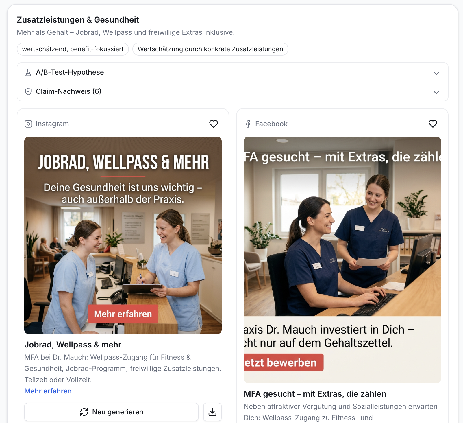 Screenshot der Kampagnen-Funktion. Zwei Social Media Post-Entwürfe (Instagram, Facebook) für MFA-Recruiting mit Zusatzleistungen. Filter und Optionen oben.
