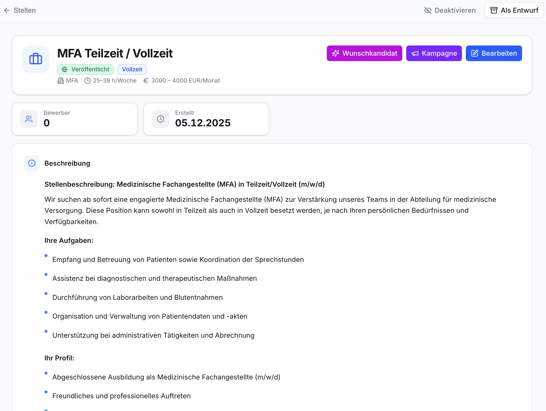Stellenanzeige MFA Teilzeit/Vollzeit. Titel, Status, Gehalt, 0 Bewerber, Erstellungsdatum 05.12.2025. Detaillierte Aufgaben und Profil sind sichtbar. Bearbeiten-Button.
