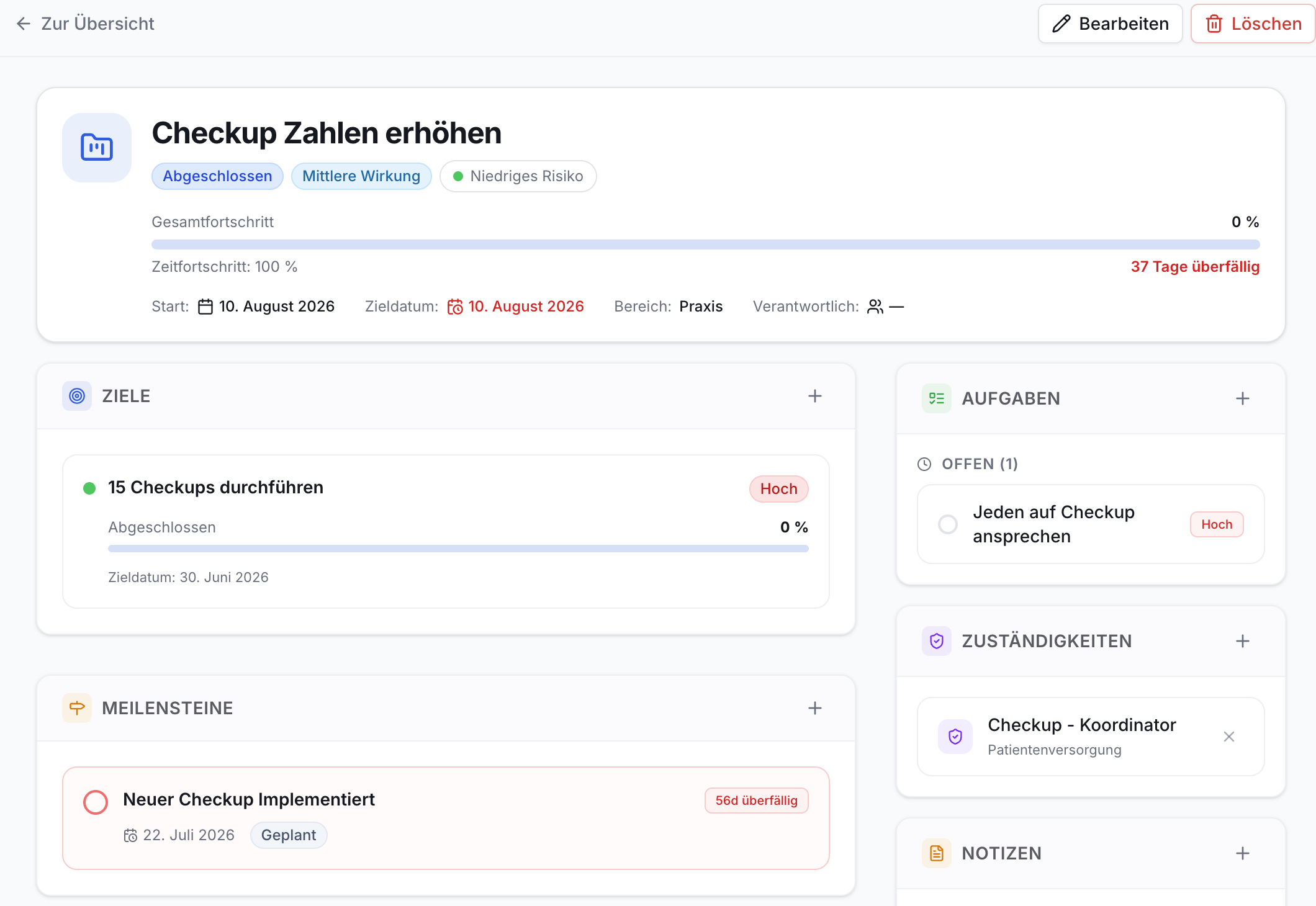 Ansicht eines Projekt-Portfolios. Titel Checkup Zahlen erhöhen. Zeigt Status, Fortschritt, überfällige Fristen, Ziele, Aufgaben, Meilensteine, Zuständigkeiten.