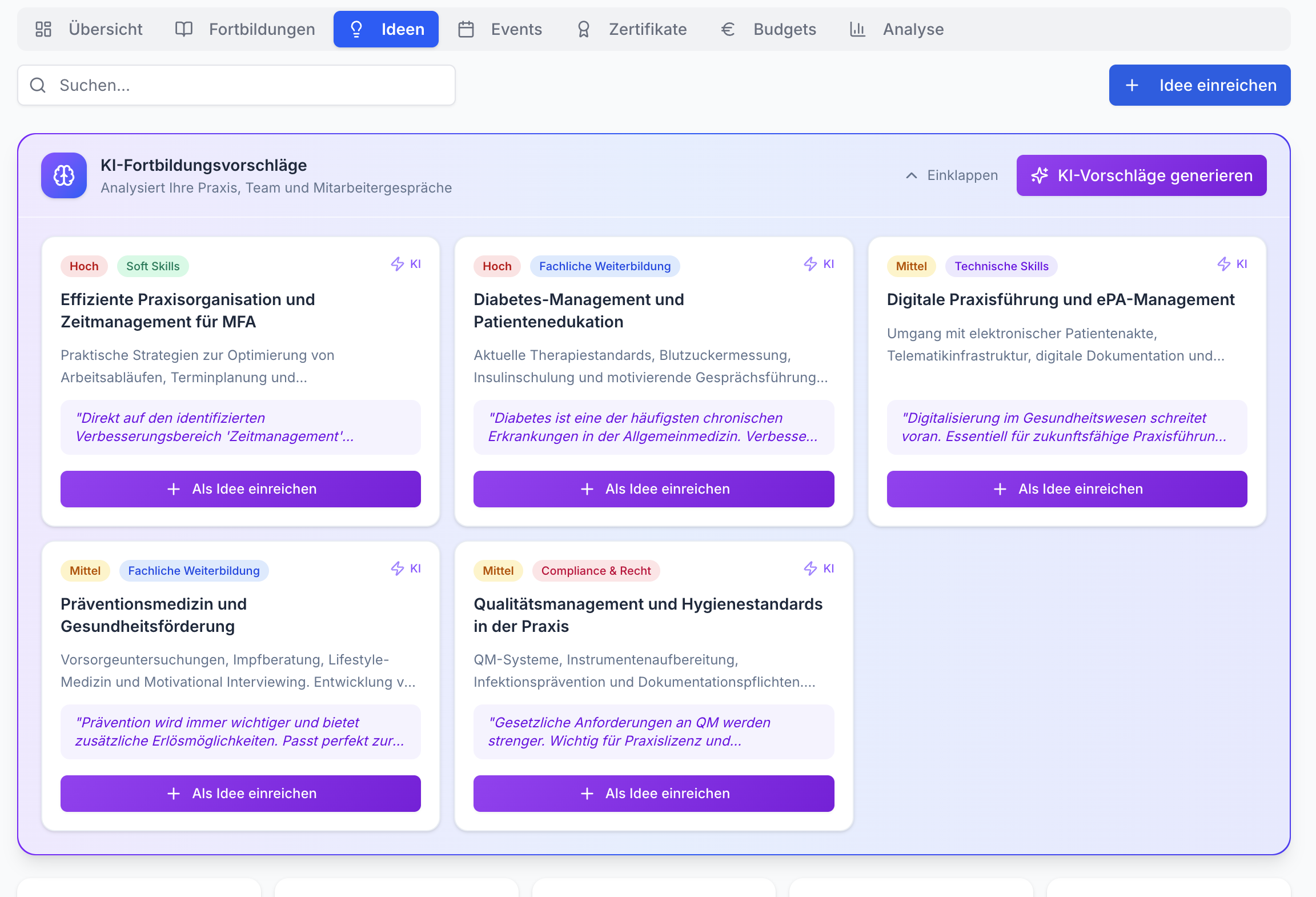 Screenshot der App Effizienz Praxis, Tab Ideen. 5 KI-Fortbildungsvorschläge als Karten mit Labels, z.B. Soft Skills. Navigation, Suche, "Idee einreichen".