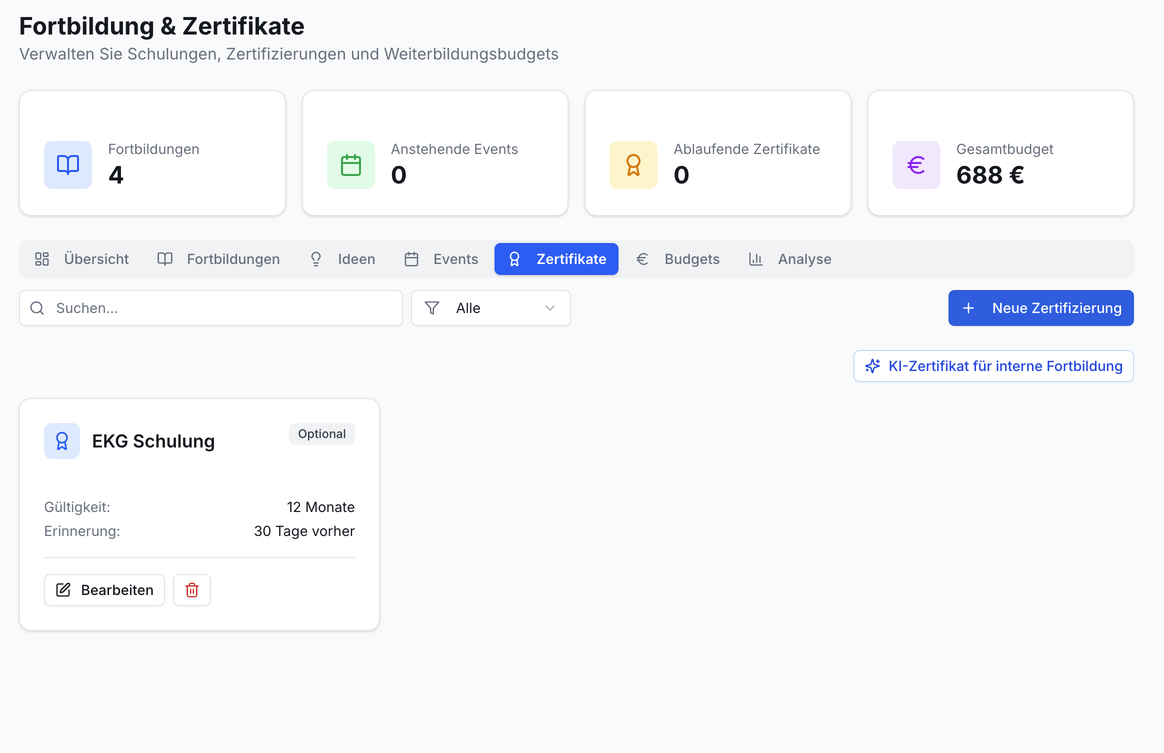 App-Ansicht Zertifikate: 4 Info-Karten (Fortbildungen 4, Gesamtbudget 688€), Suchfeld, Filter und Karte 'EKG Schulung' mit Details.