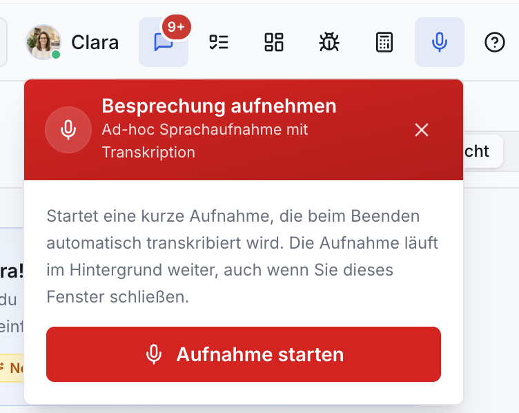 Screenshot der Praxis App: Toolbar mit Profil Clara und einer roten Dialogbox 'Besprechung aufnehmen', Text, 'Aufnahme starten' Button.