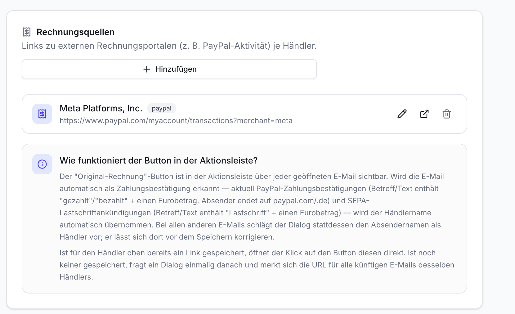 Screenshot der Rechnungsquellen-Einstellungen. Zeigt Titel, Hinzufügen-Button, PayPal-Link von Meta Platforms und Text zur Button-Funktion.