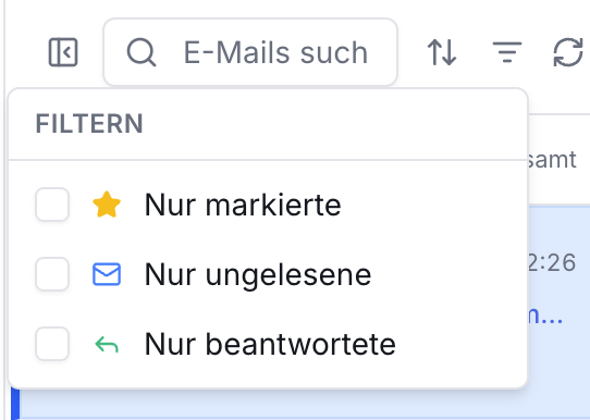 Dropdown-Menü FILTERN in einer E-Mail-Ansicht mit drei Optionen zum Ankreuzen: Nur markierte (Stern), Nur ungelesene (Umschlag), Nur beantwortete (Pfeil).