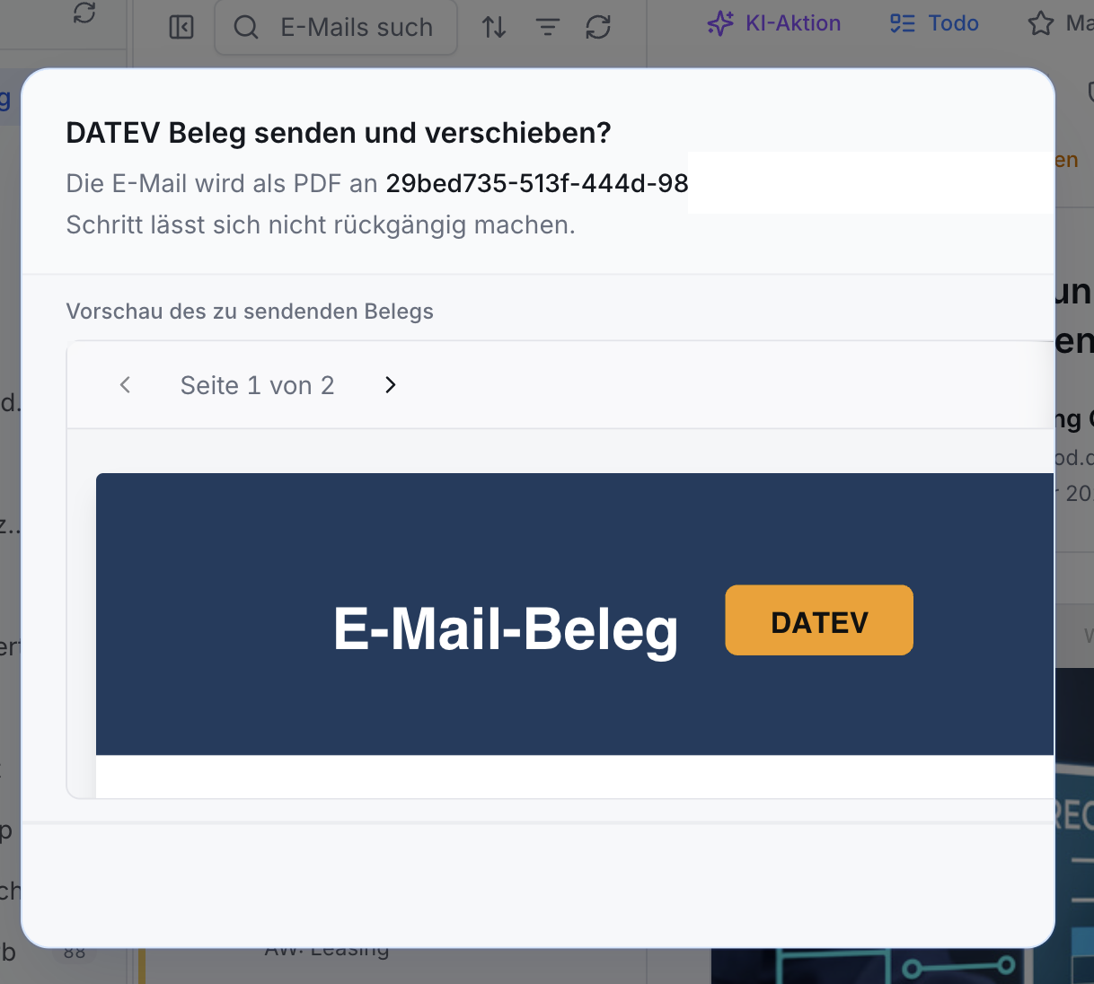 Dialog zum Senden eines E-Mail-Belegs als PDF an DATEV. Zeigt eine Vorschau mit Seitennavigation und einem DATEV-Button.