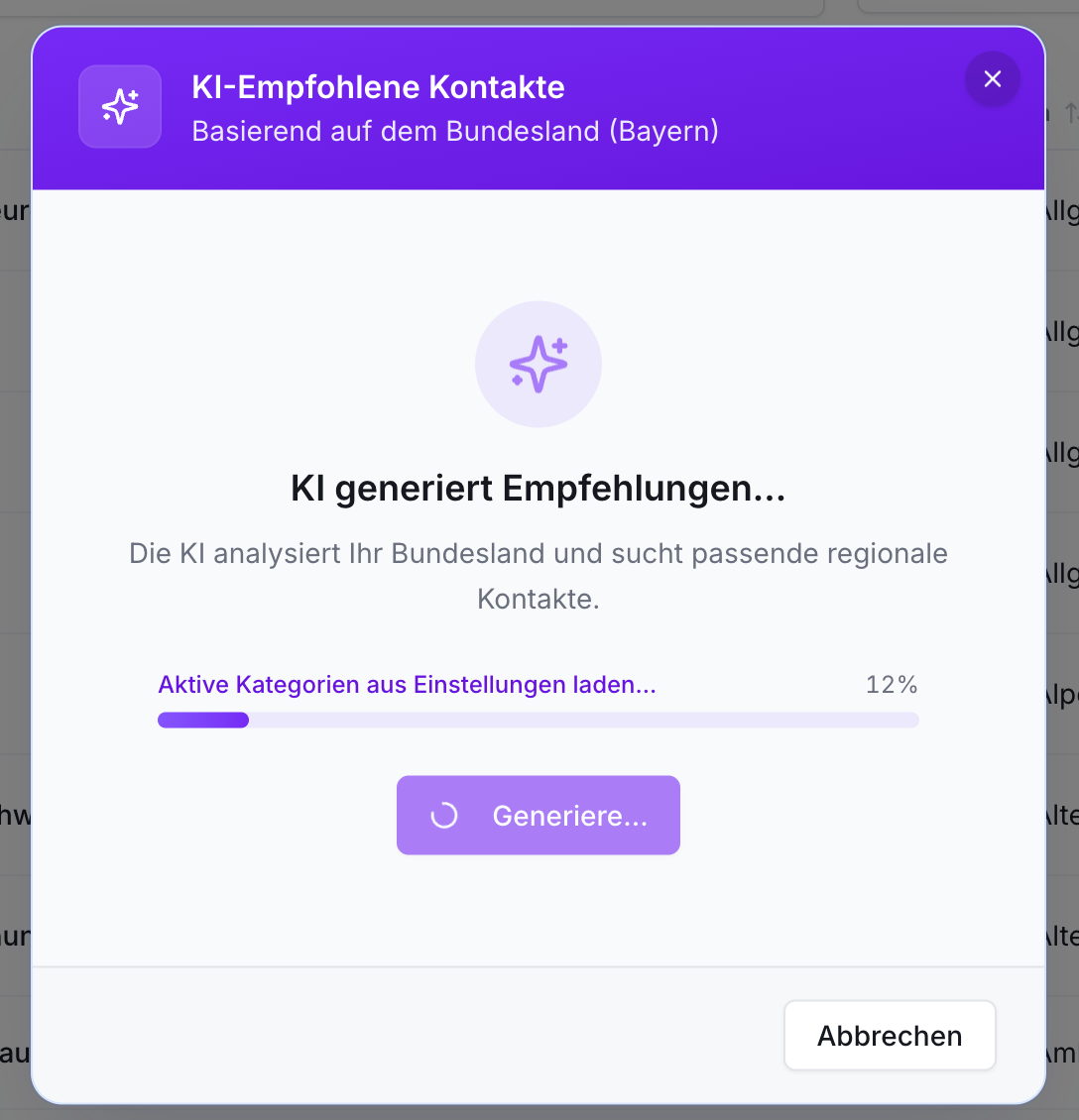 Ein Dialog zeigt KI-Empfohlene Kontakte mit Überschrift, Erklärung und Ladebalken bei 12%. Buttons Generieren und Abbrechen sind sichtbar.