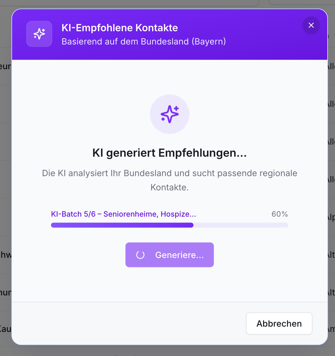 Modal: KI-Empfohlene Kontakte (Bayern). Fortschrittsbalken "Seniorenheime, Hospize" auf 60%. Buttons Generiere und Abbrechen.