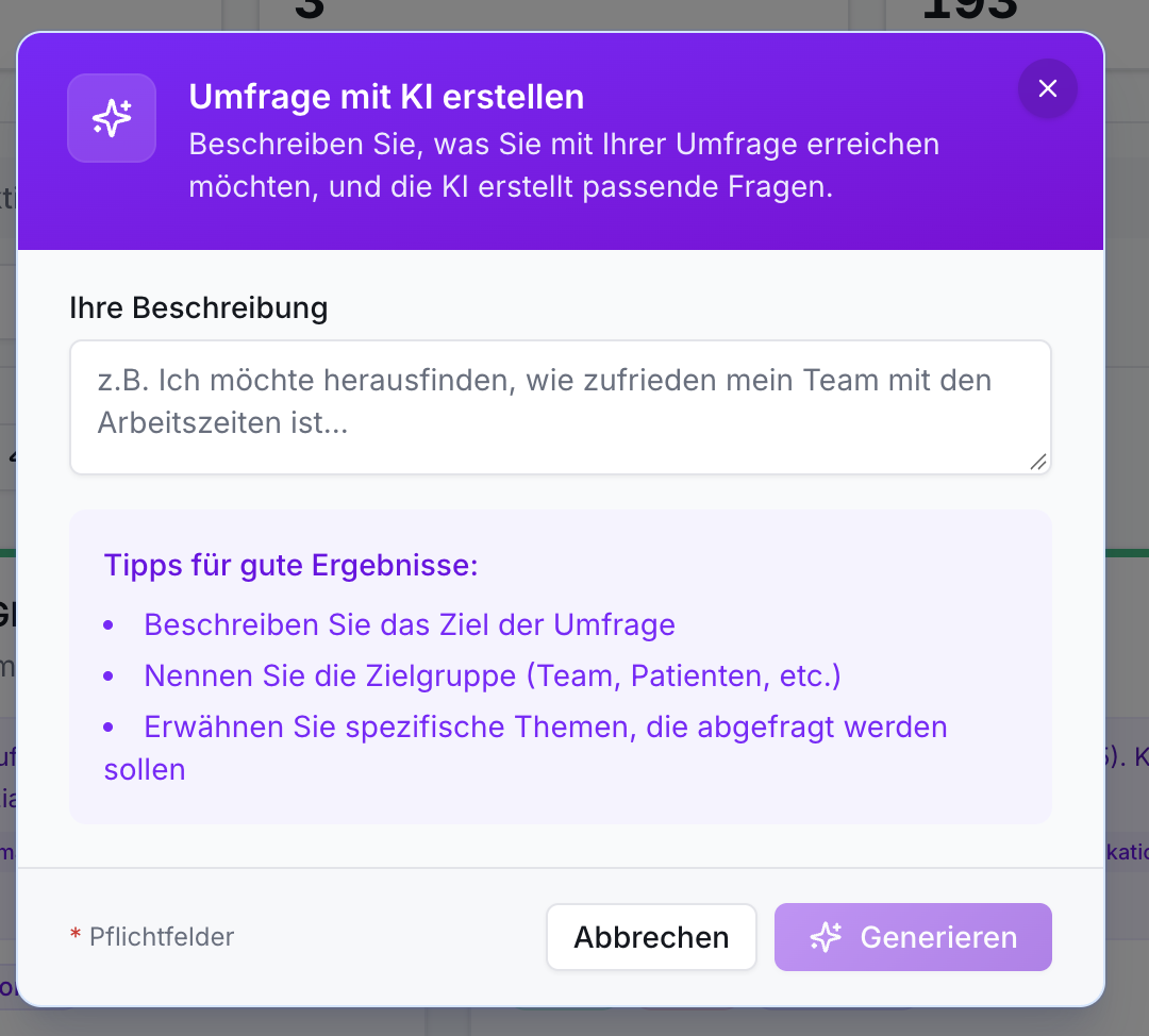 Pop-up Umfrage mit KI erstellen. Textfeld für Beschreibung, Beispieltext, drei Tipps zur Umfragegestaltung, Buttons Abbrechen und Generieren.
