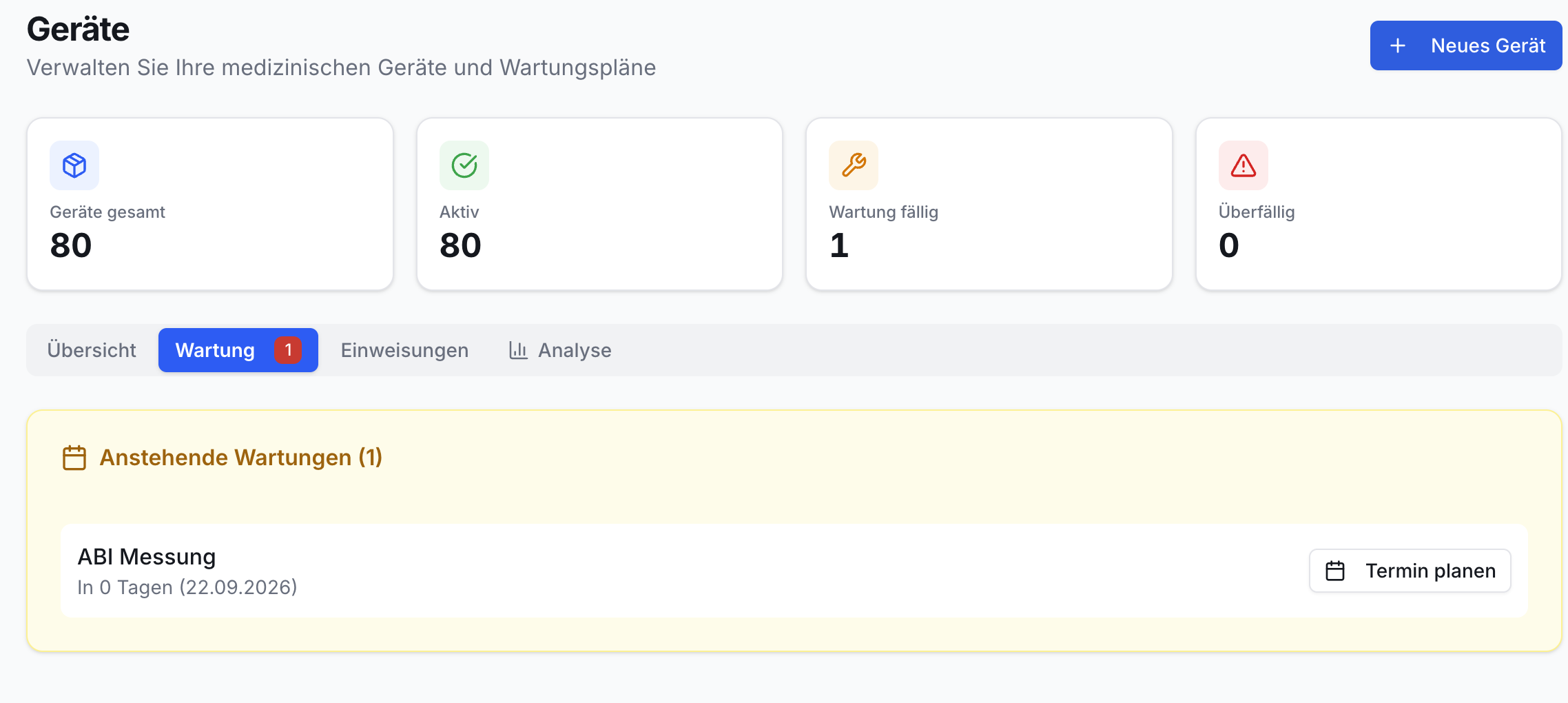 Geräteverwaltung: 4 Infokarten (80 gesamt, 80 aktiv, 1 Wartung fällig, 0 überfällig). Aktiver Wartungstab zeigt ABI Messung (fällig heute) mit Termin planen Button.