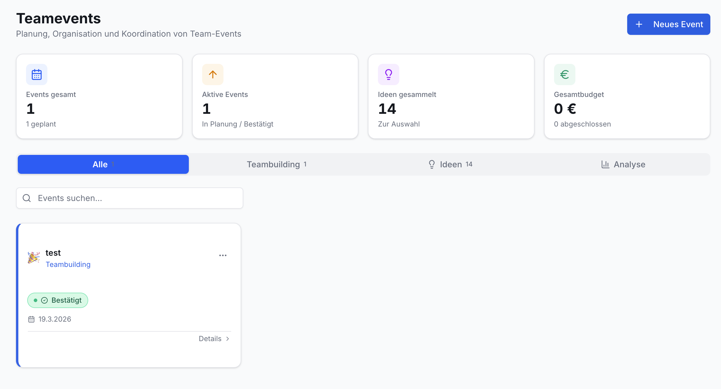 Teamevents-Übersicht: Vier Info-Karten für Events gesamt, aktiv, Ideen, Budget. Tabs Alle, Suchfeld und Eventkarte test (Bestätigt).
