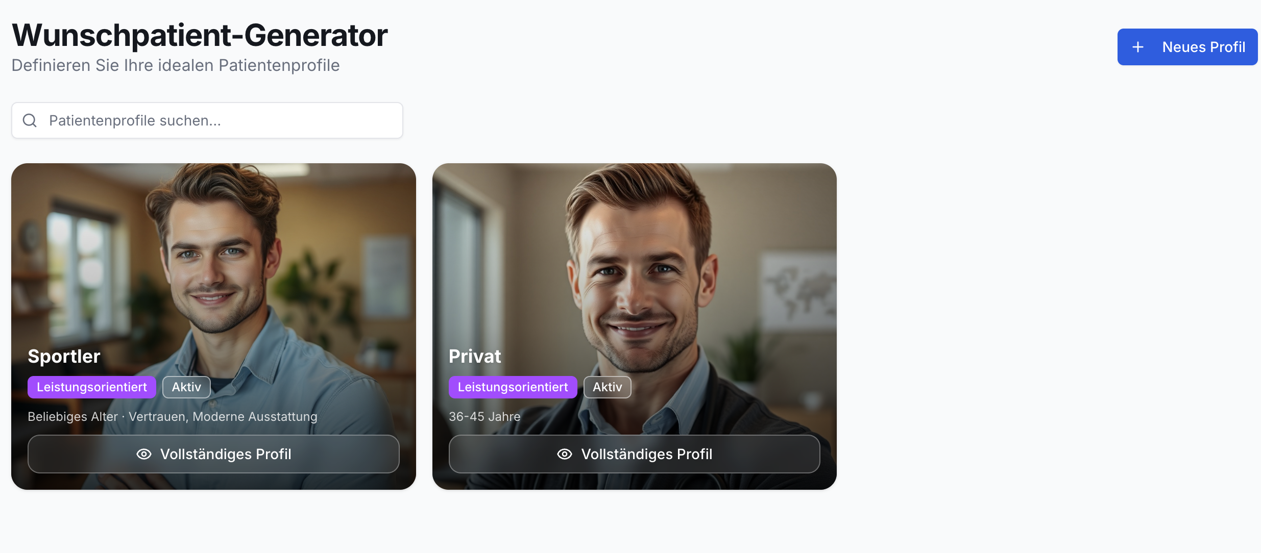 Der Wunschpatient-Generator zeigt eine Suchleiste, den Button Neues Profil und zwei Patientenkarten: Sportler und Privat.