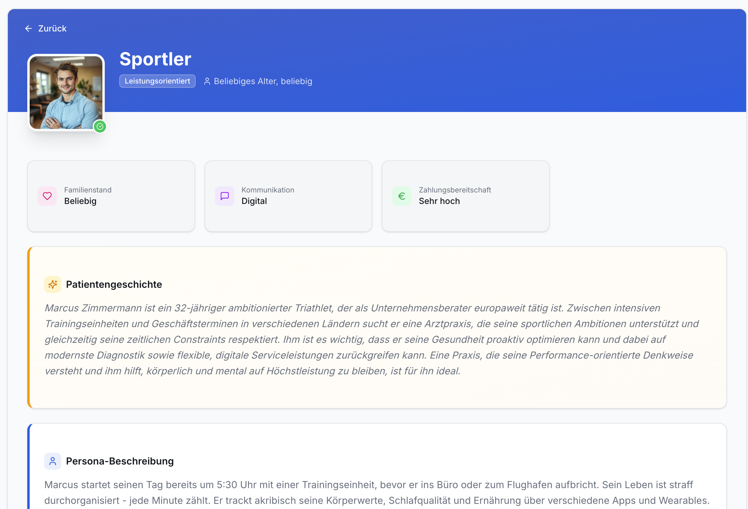 Wunschpatient Sportler Profil: Bild, Tags. 3 Infokarten. 2 Textfelder Patientengeschichte, Persona.