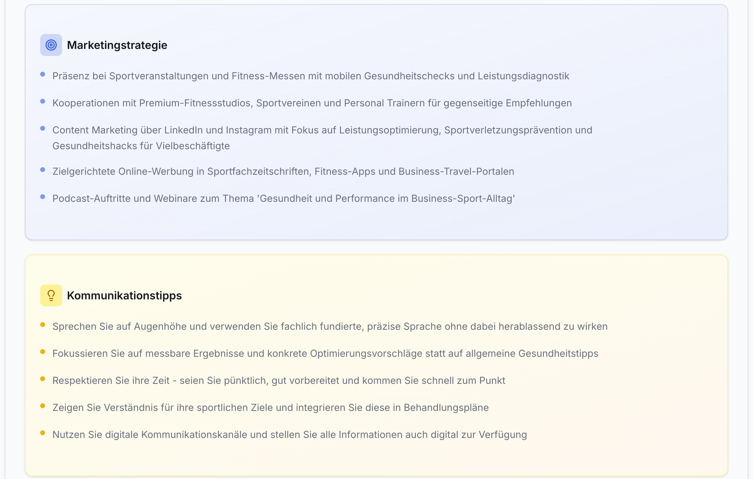 Screenshot der Effizienz Praxis App. Zwei Boxen: Marketingstrategie und Kommunikationstipps, jeweils mit 5 Aufzählungspunkten.
