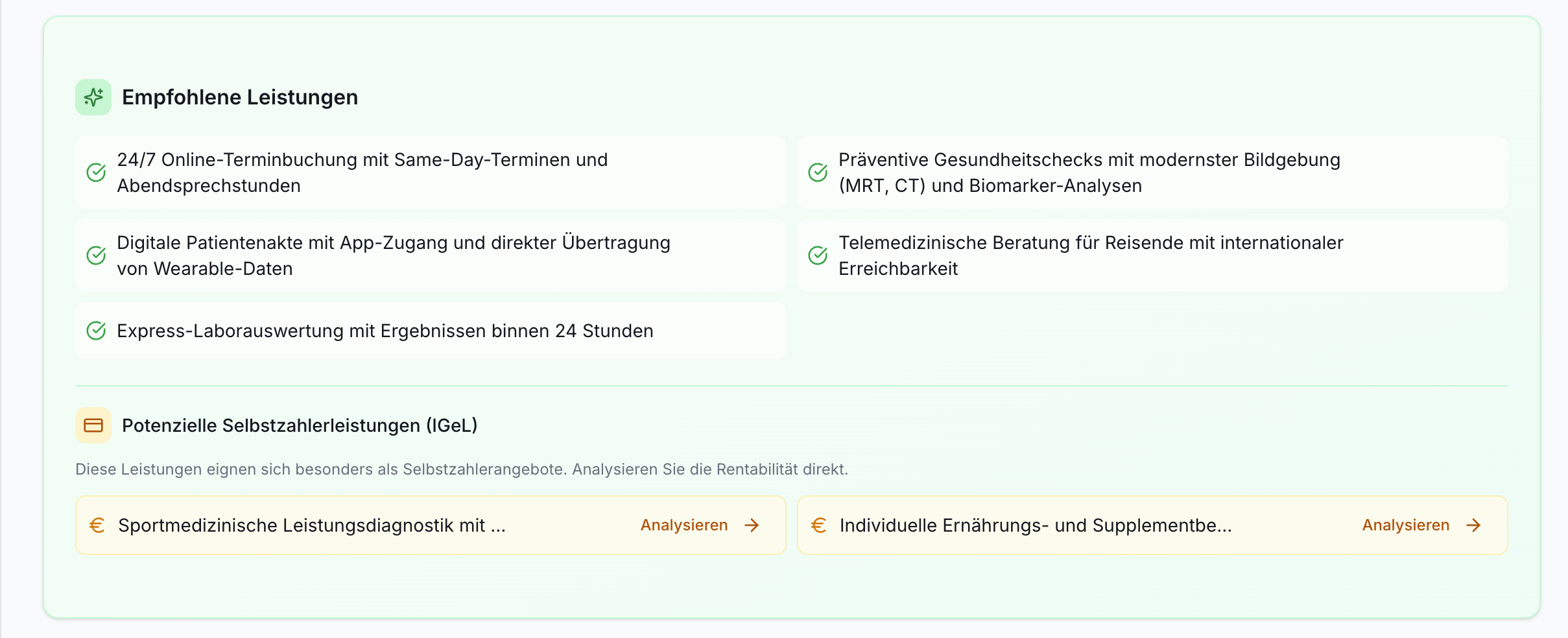 Screenshot zeigt zwei Bereiche: Empfohlene Leistungen mit fünf Punkten und Potenzielle Selbstzahlerleistungen (IGeL) mit Analysieren-Buttons.