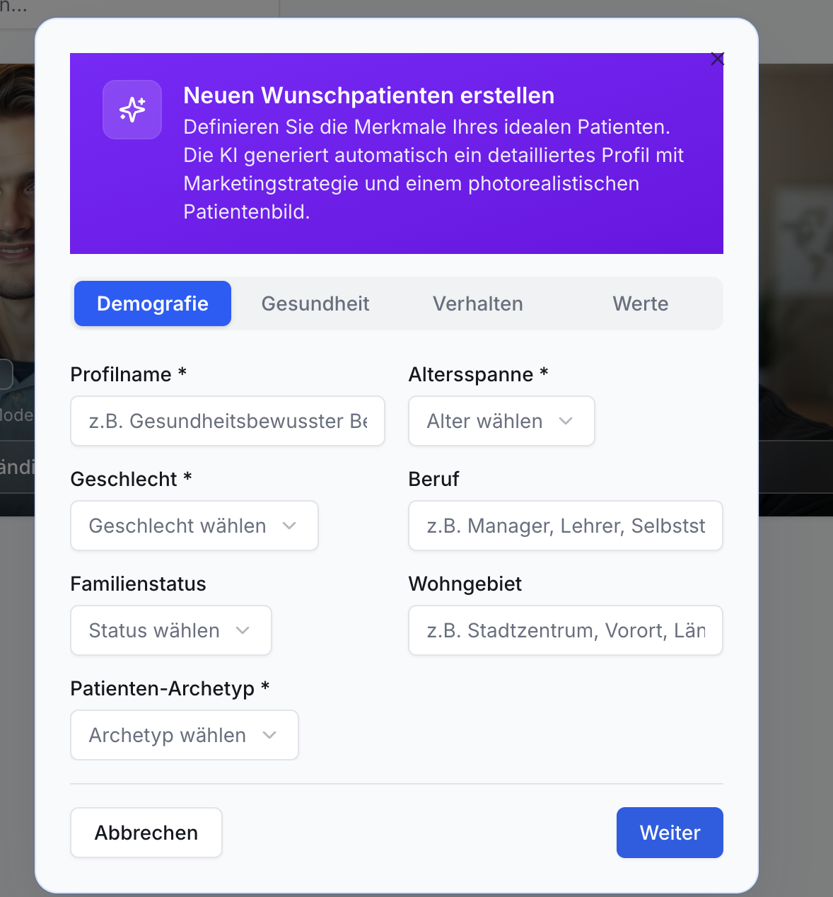 Popup Wunschpatient erstellen. Reiter Demografie aktiv. Felder Profilname, Alter, Geschlecht, Beruf, Wohngebiet, Archetyp. Abbrechen, Weiter Buttons.