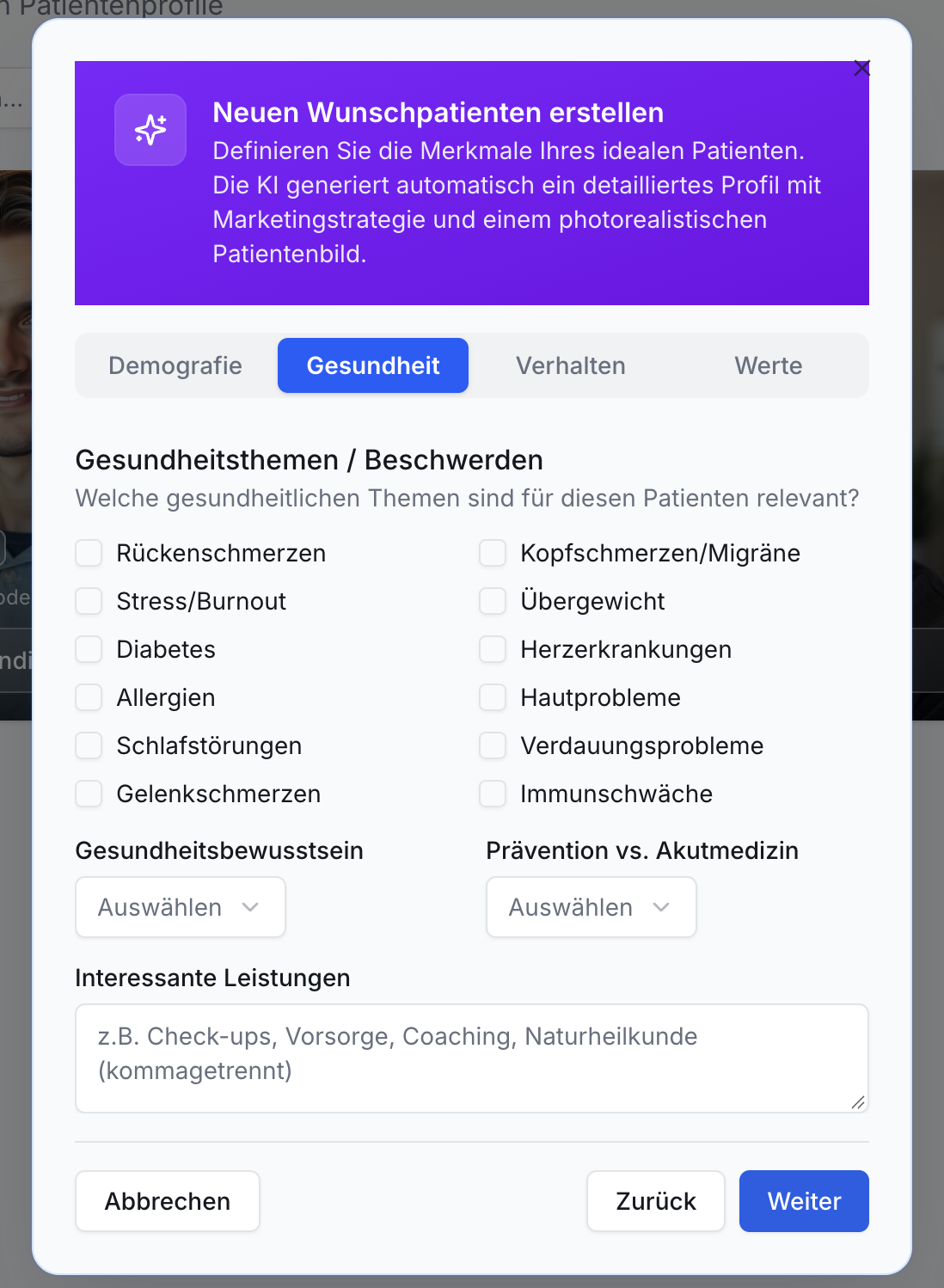 Dialogfeld zur Erstellung eines Wunschpatienten. Registerkarte Gesundheit ist aktiv mit Checkboxen, Dropdowns und Textfeld für Leistungen.