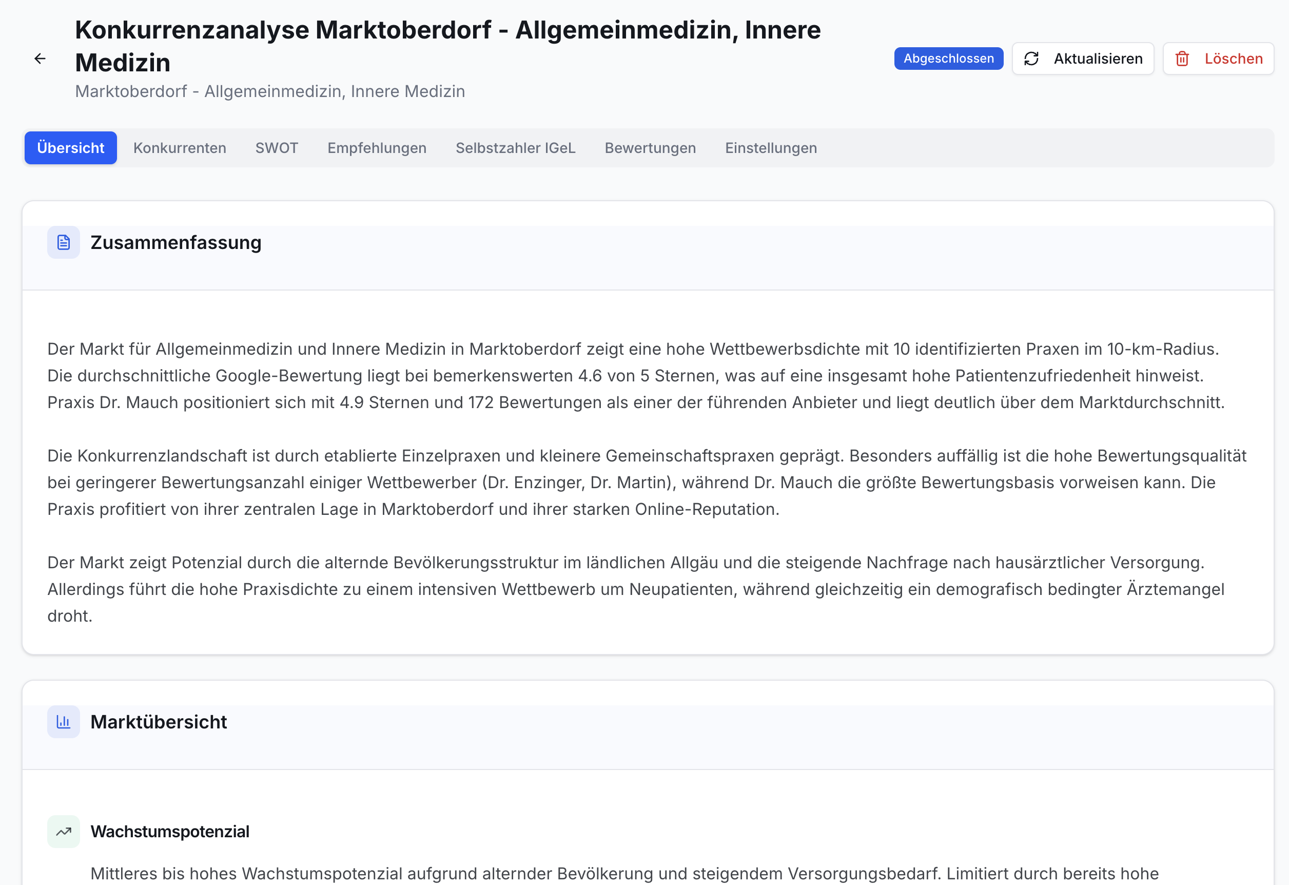 Screenshot der Konkurrenzanalyse in Effizienz Praxis. Zeigt Übersicht-Tab mit Zusammenfassung über Marktdichte, Google-Bewertungen, Wachstumspotenzial und Buttons.