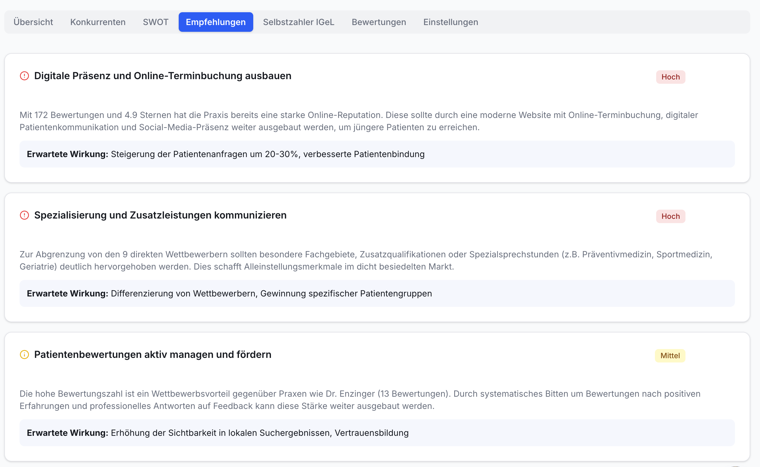 App Empfehlungen-Tab zeigt drei Optimierungsvorschläge: Digitale Präsenz (Hoch), Spezialisierung (Hoch) und Patientenbewertungen (Mittel).