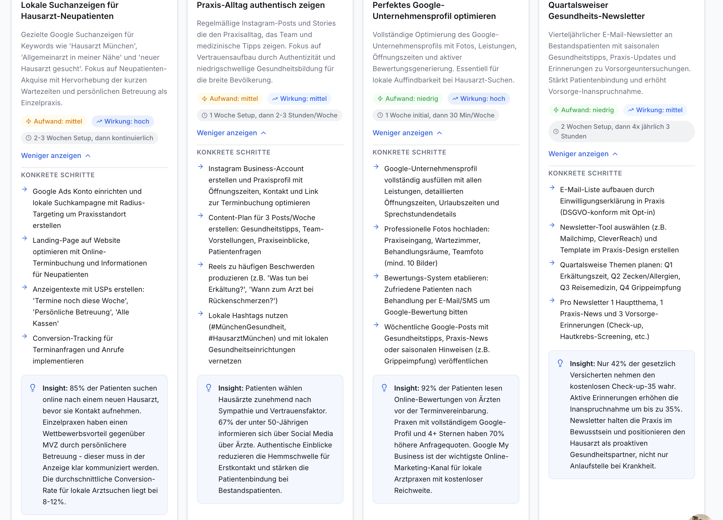 App-Screenshot Effizienz Praxis: Vier Marketing-Optionen. Eine Karte beschreibt Instagram-Marketing mit Aufwand, Wirkung, Dauer und Schritten.