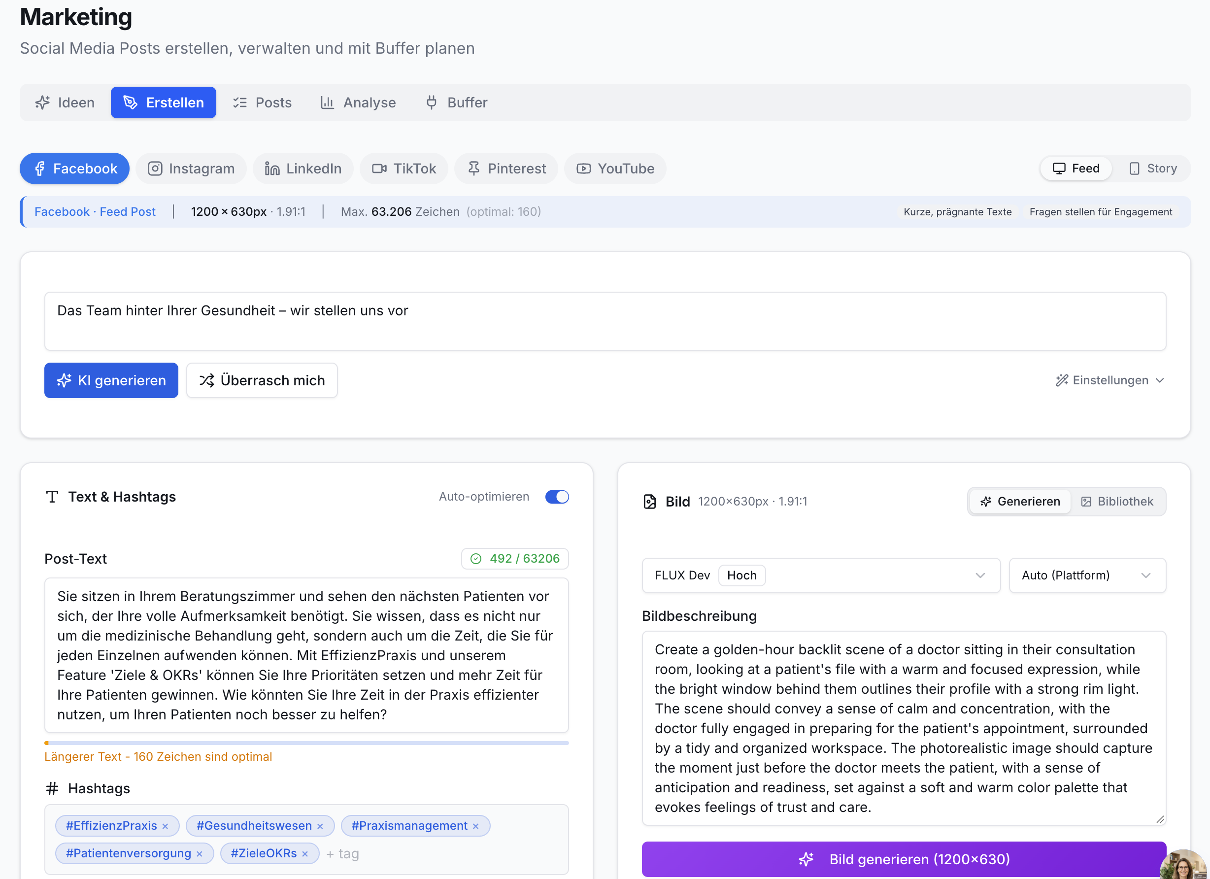 App-Screenshot Social Media Post Erstellung mit KI. Eingabefelder für Text, Hashtags und Bildbeschreibung. Buttons für KI-Generierung und Plattformauswahl.